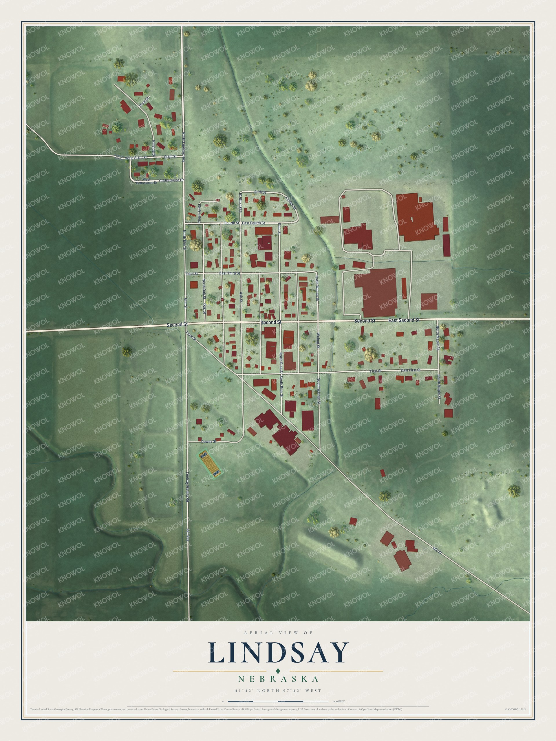 Full map of Lindsay, Nebraska, with red buildings, printed street names and the land around them