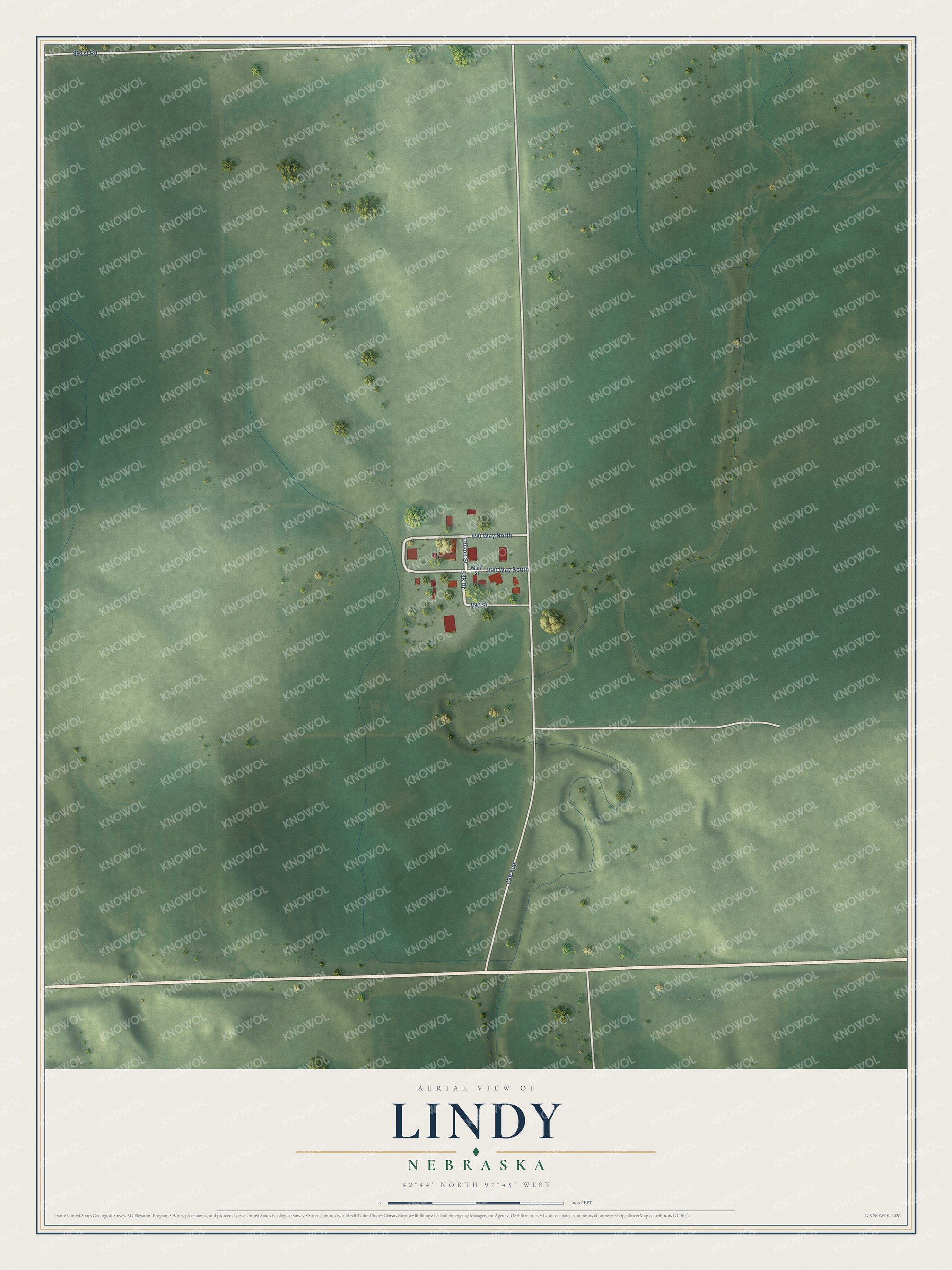 Full map of Lindy, Nebraska, with red buildings, printed street names and the land around them