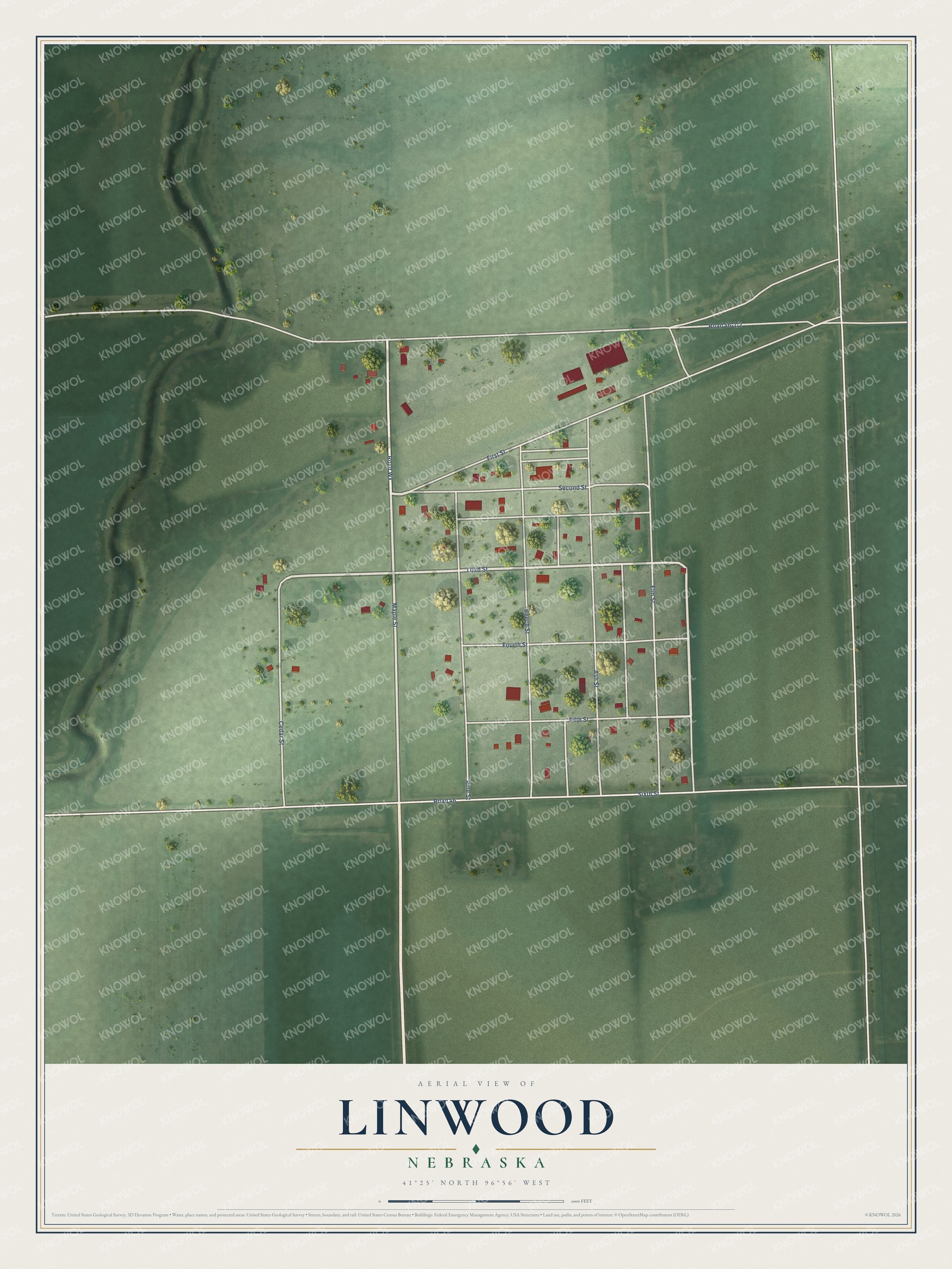 Full map of Linwood, Nebraska, with red buildings, printed street names and the land around them