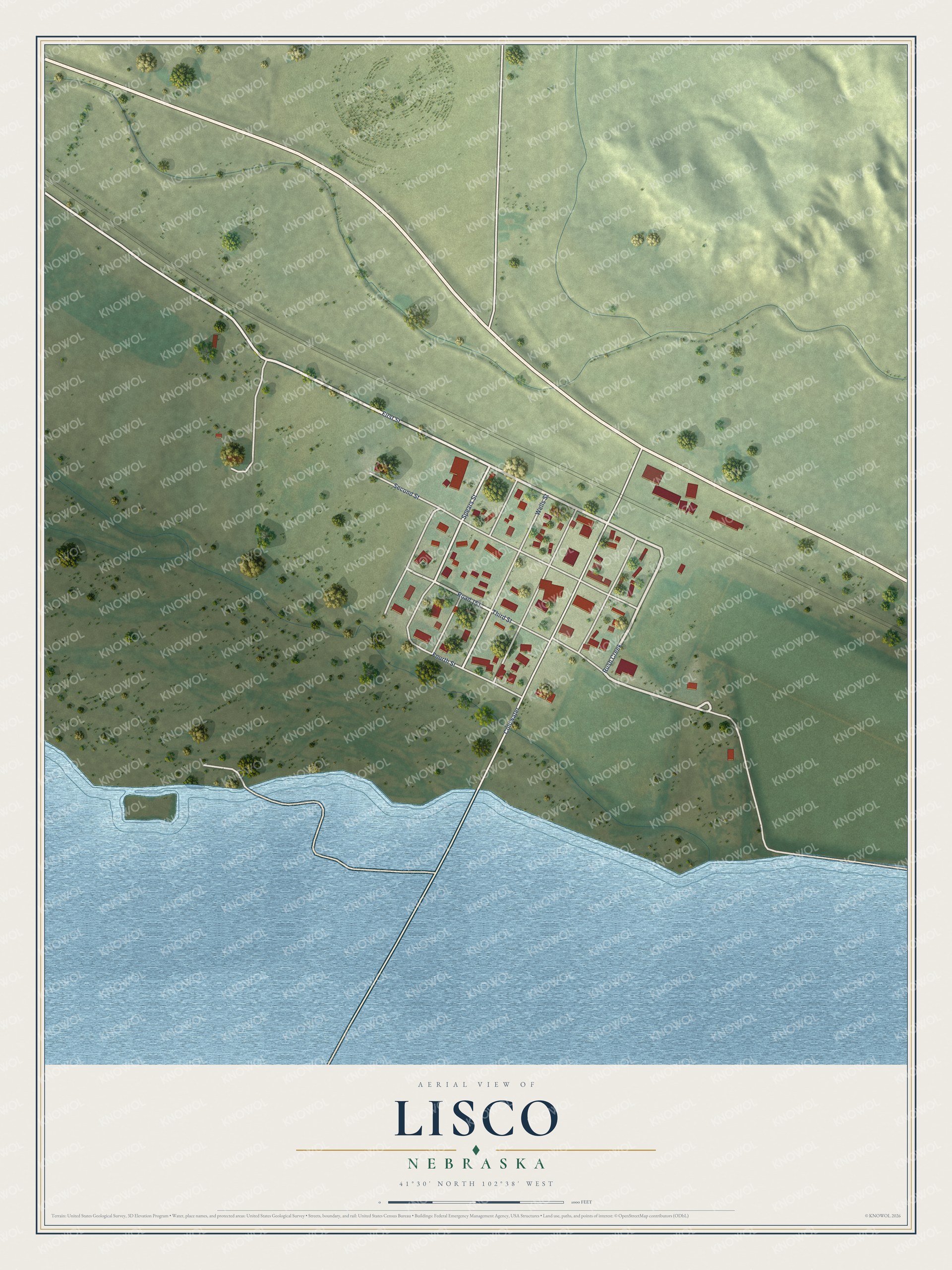 Full map of Lisco, Nebraska, with red buildings, printed street names and the land around them