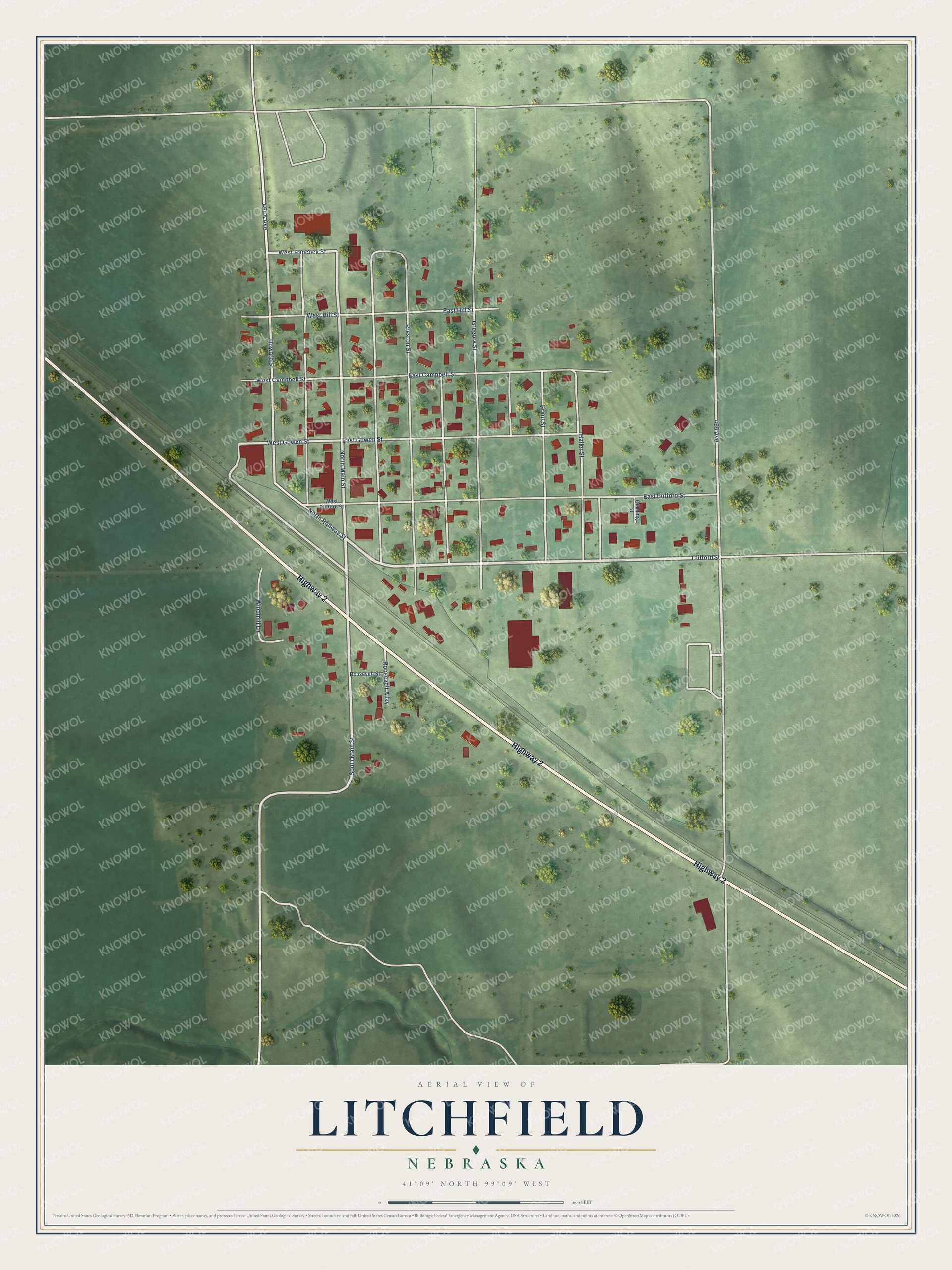 Full map of Litchfield, Nebraska, with red buildings, printed street names and the land around them