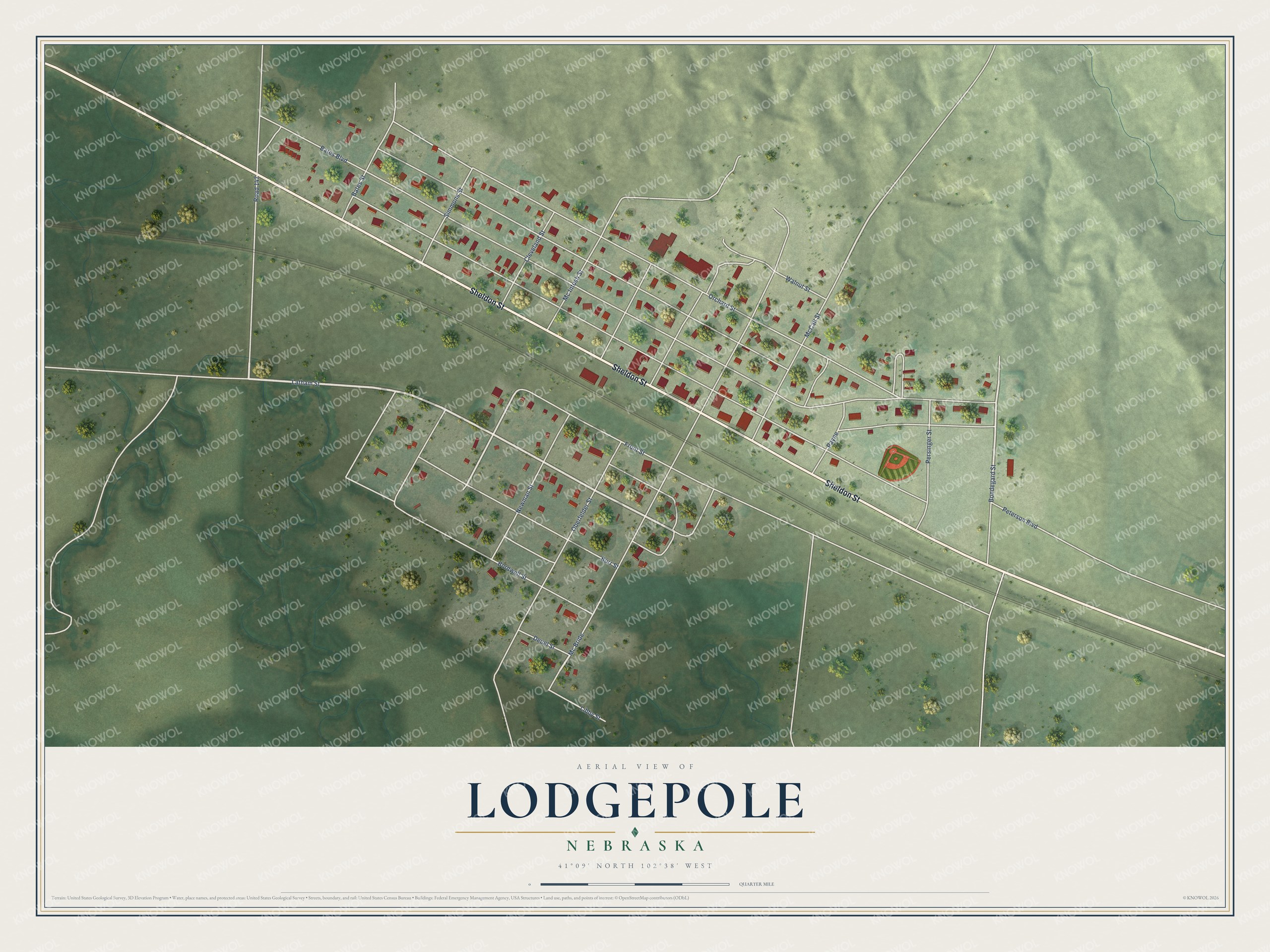 Full map of Lodgepole, Nebraska, with red buildings, printed street names and the land around them