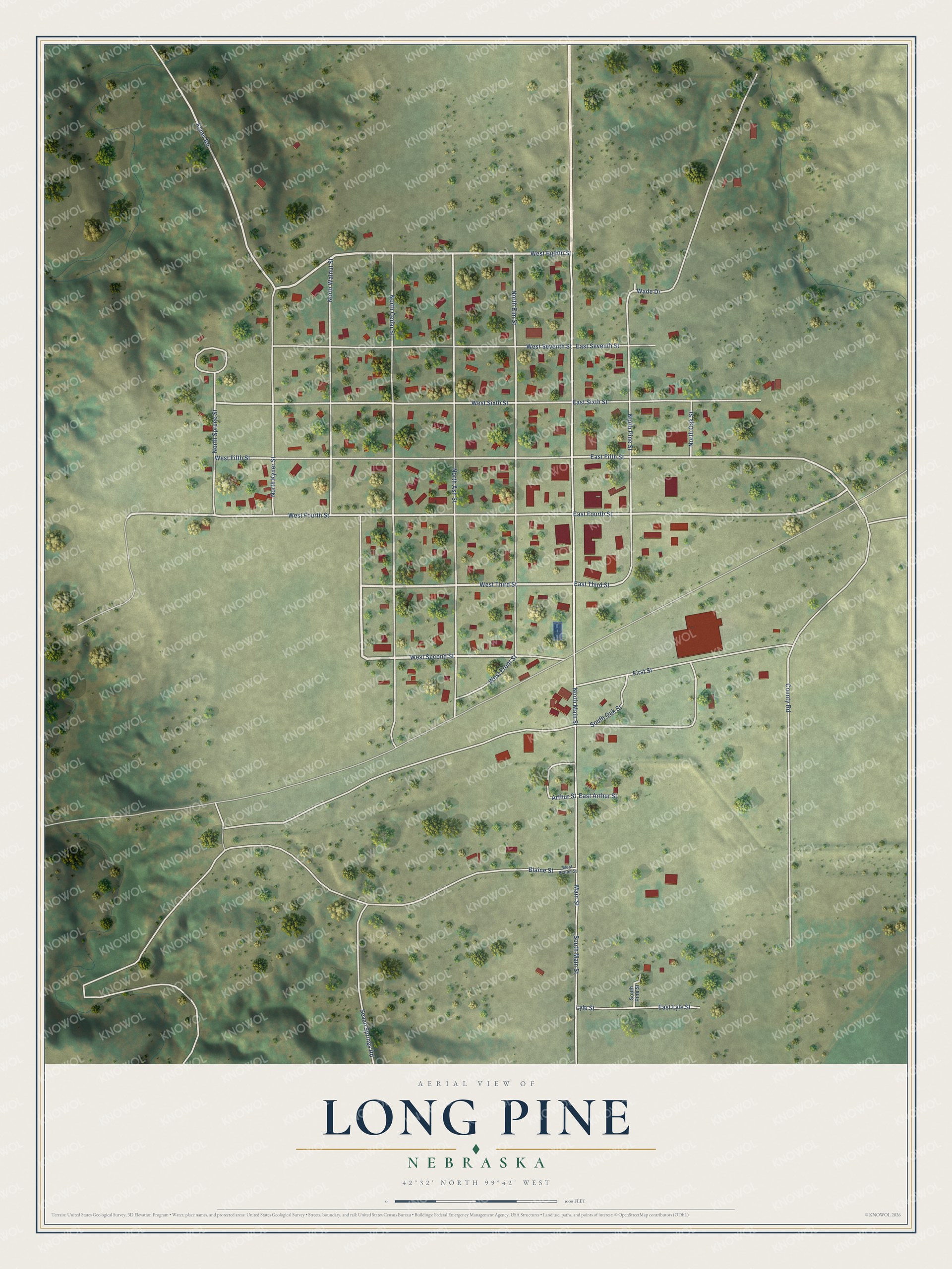 Full map of Long Pine, Nebraska, with red buildings, printed street names and the land around them