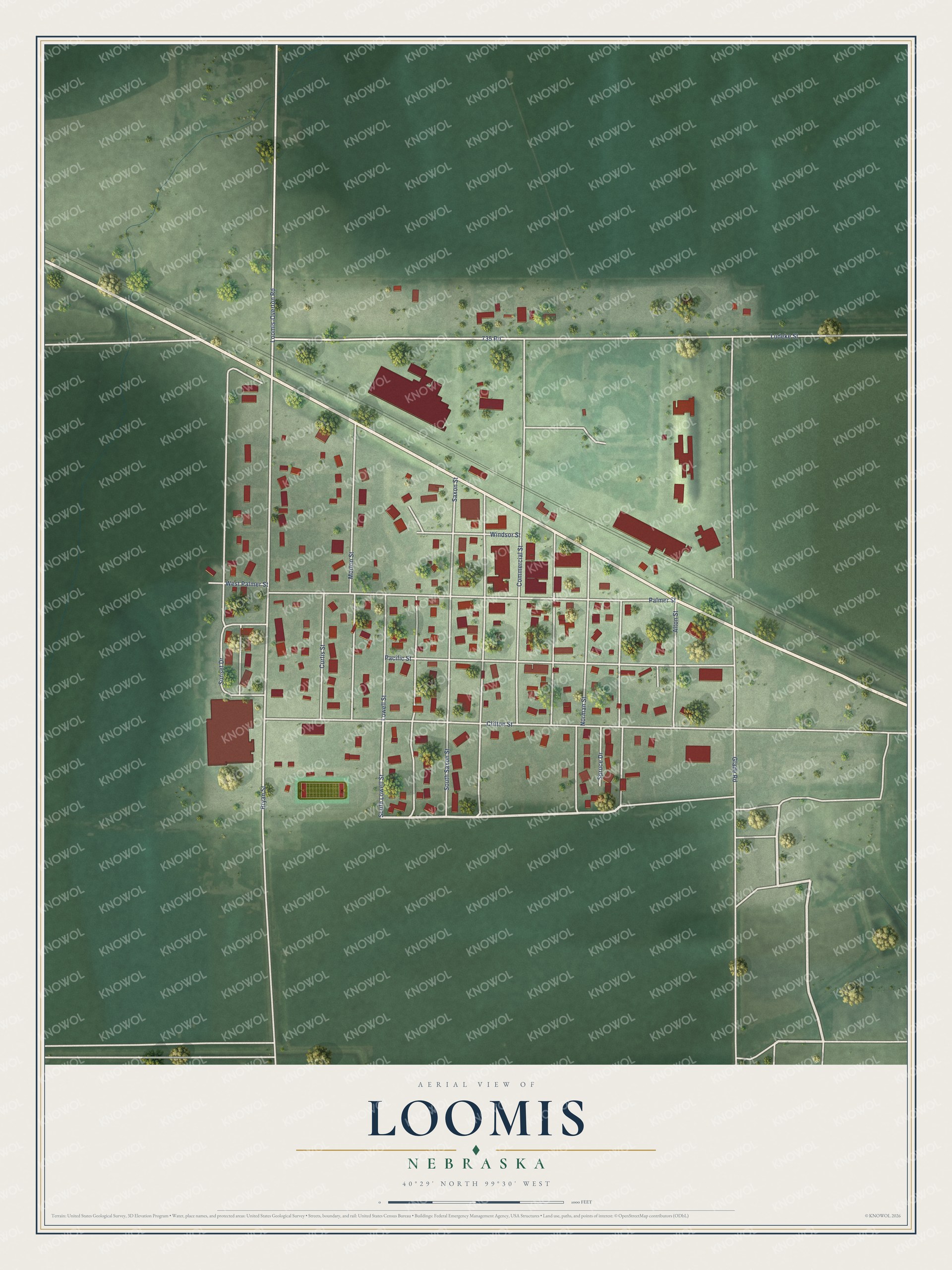 Full map of Loomis, Nebraska, with red buildings, printed street names and the land around them
