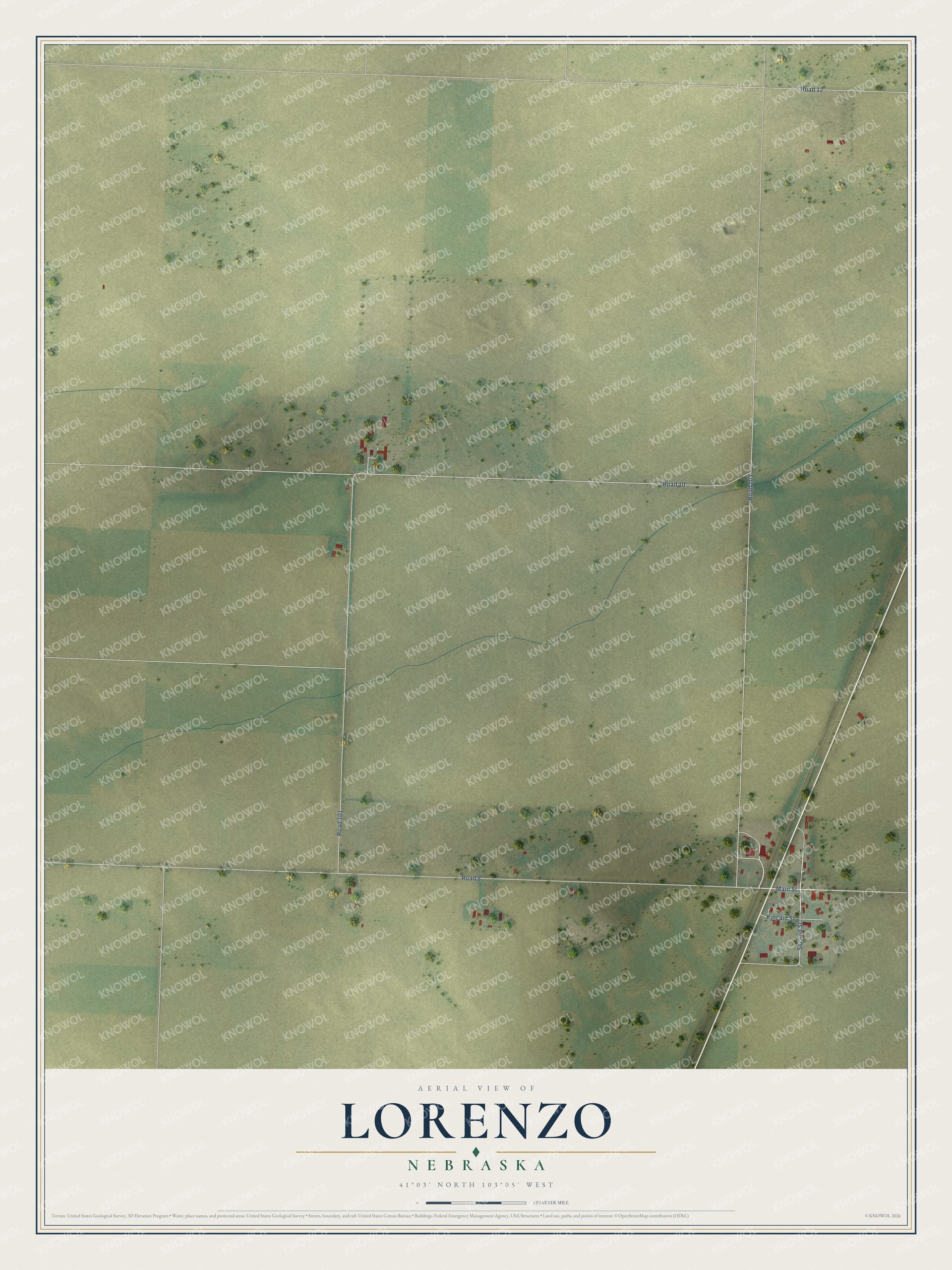 Full map of Lorenzo, Nebraska, with red buildings, printed street names and the land around them
