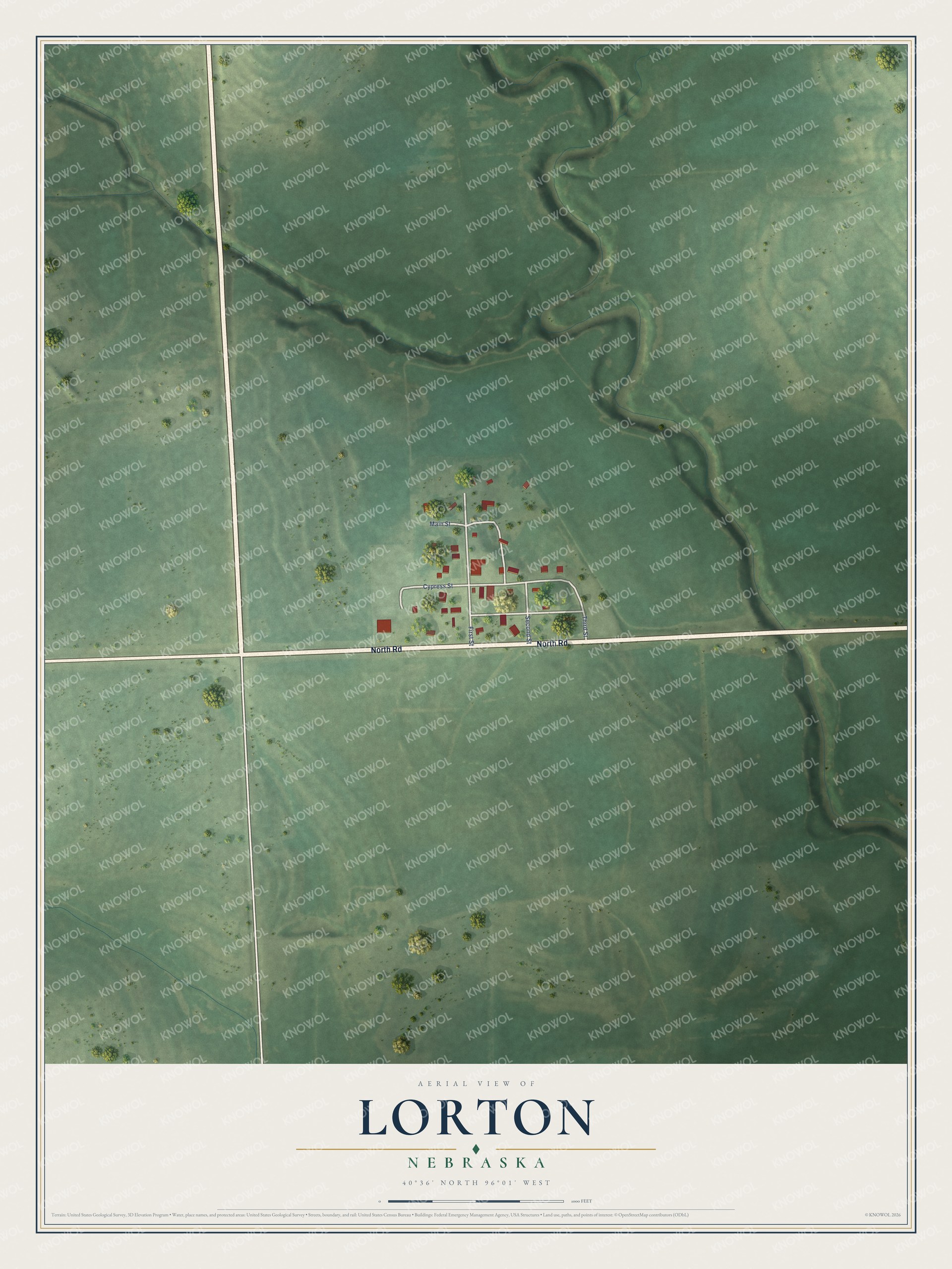 Full map of Lorton, Nebraska, with red buildings, printed street names and the land around them