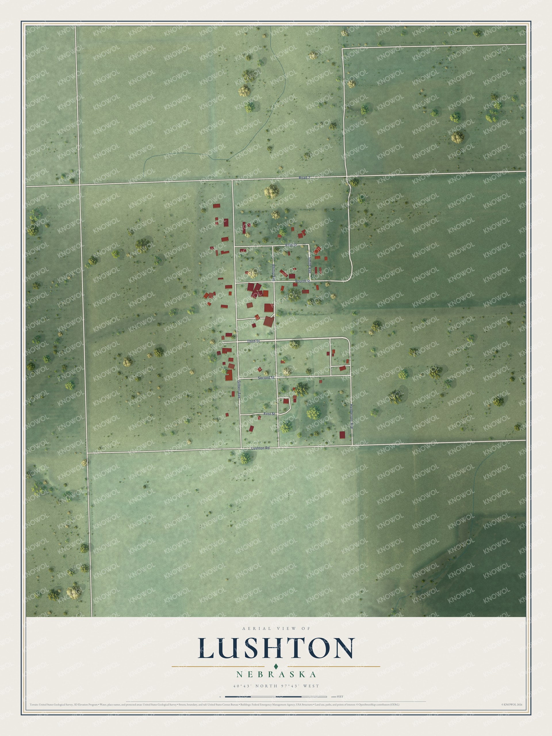 Full map of Lushton, Nebraska, with red buildings, printed street names and the land around them