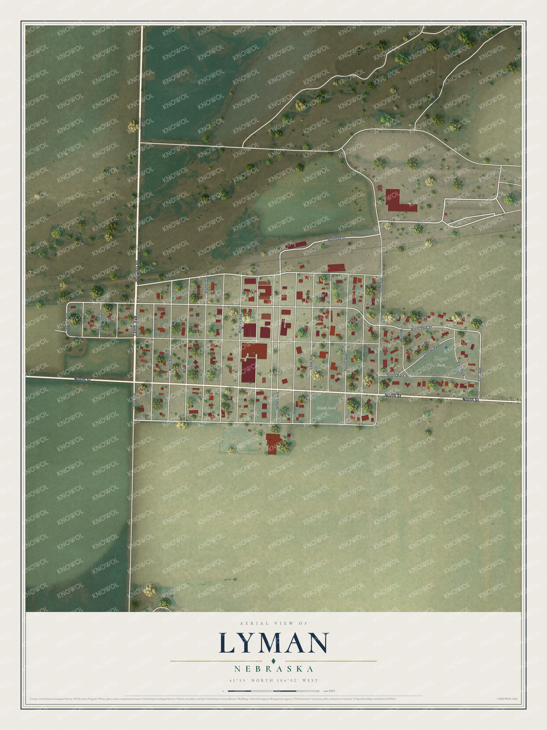 Full map of Lyman, Nebraska, with red buildings, printed street names and the land around them
