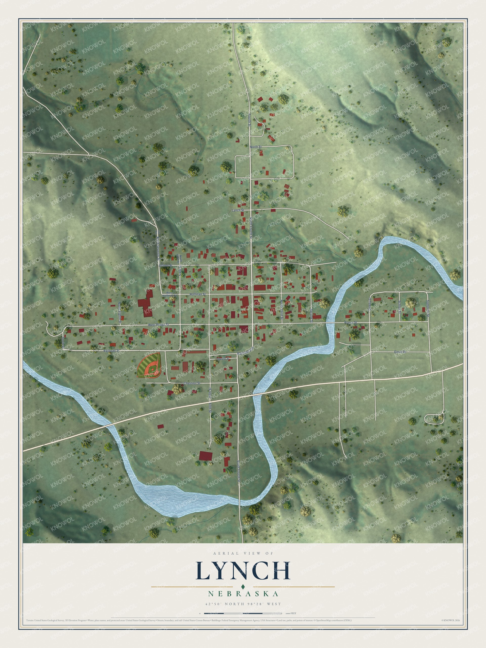 Full map of Lynch, Nebraska, with red buildings, printed street names and the land around them