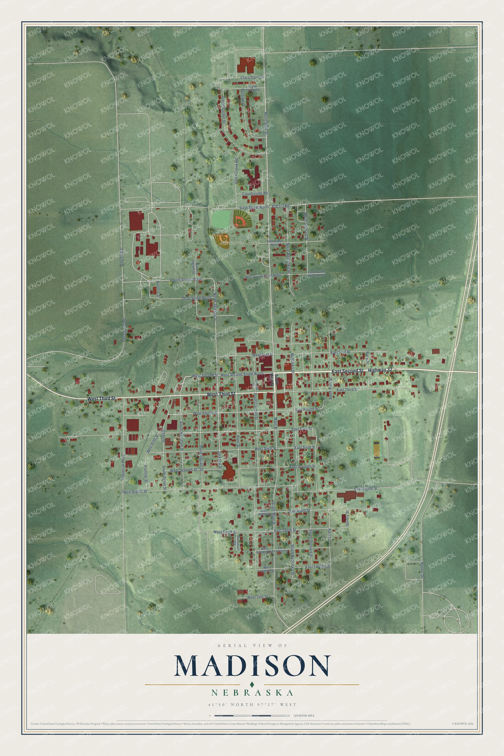 Full map of Madison, Nebraska, with red buildings, printed street names and the land around them