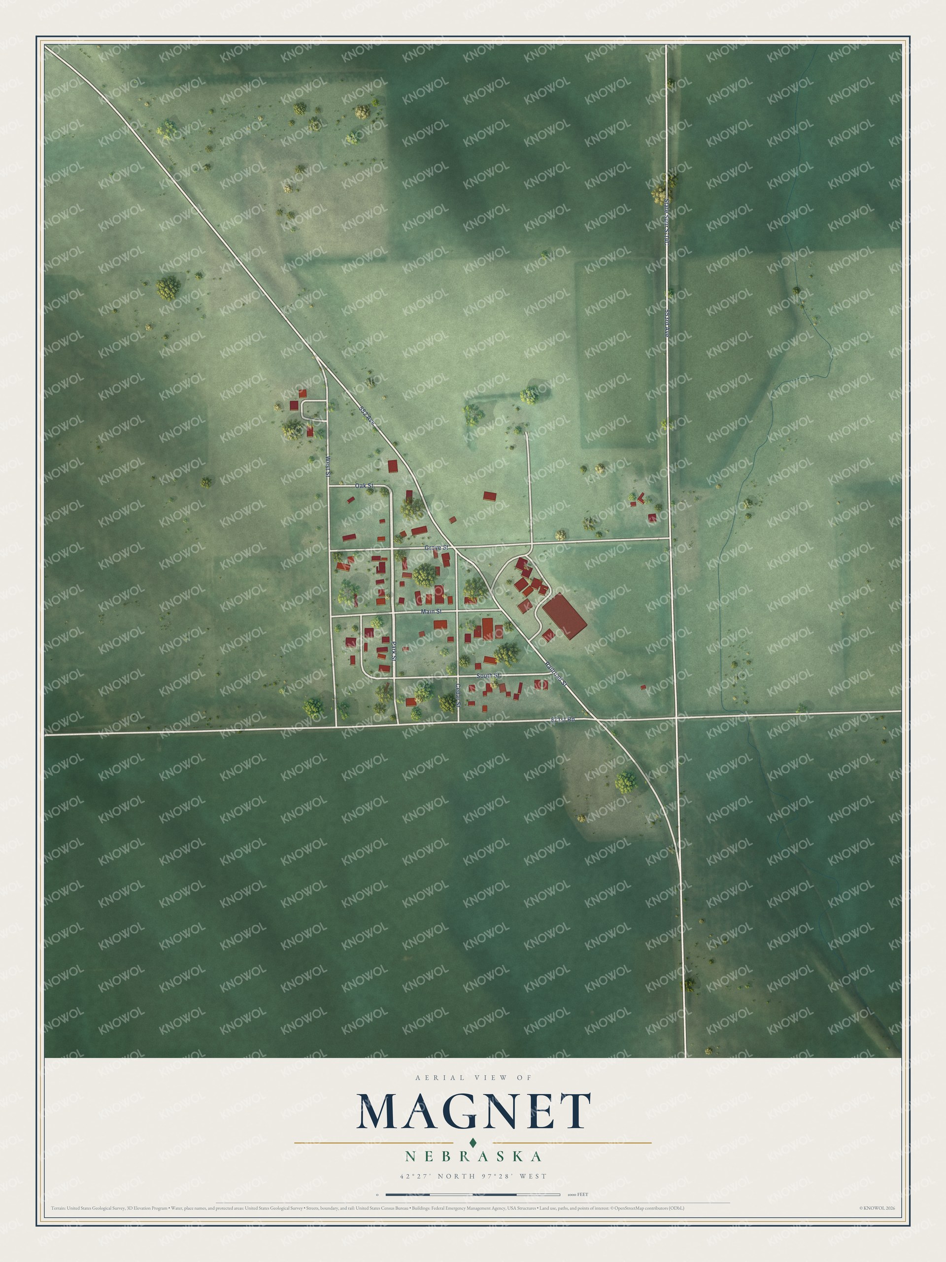 Full map of Magnet, Nebraska, with red buildings, printed street names and the land around them