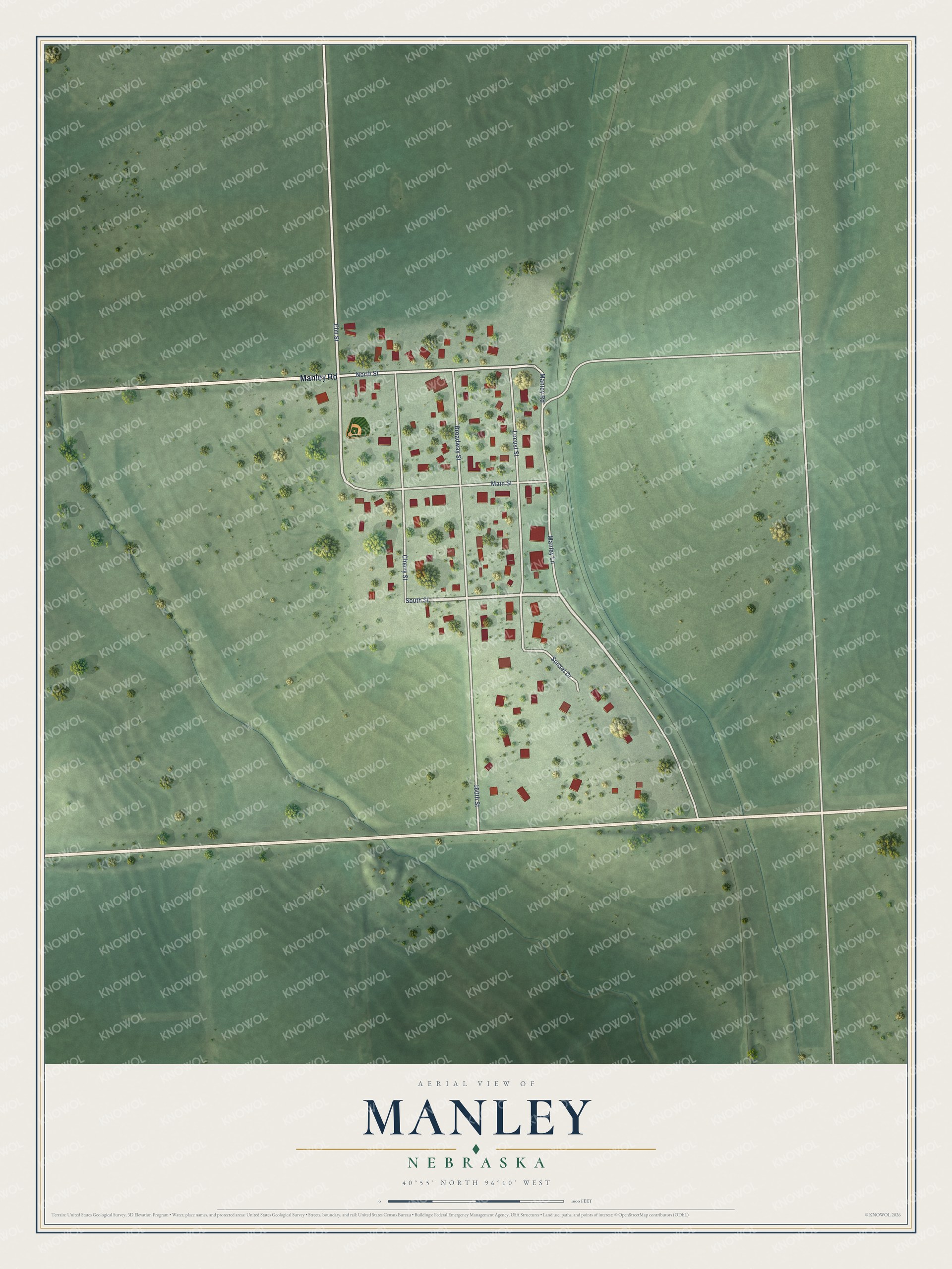Full map of Manley, Nebraska, with red buildings, printed street names and the land around them