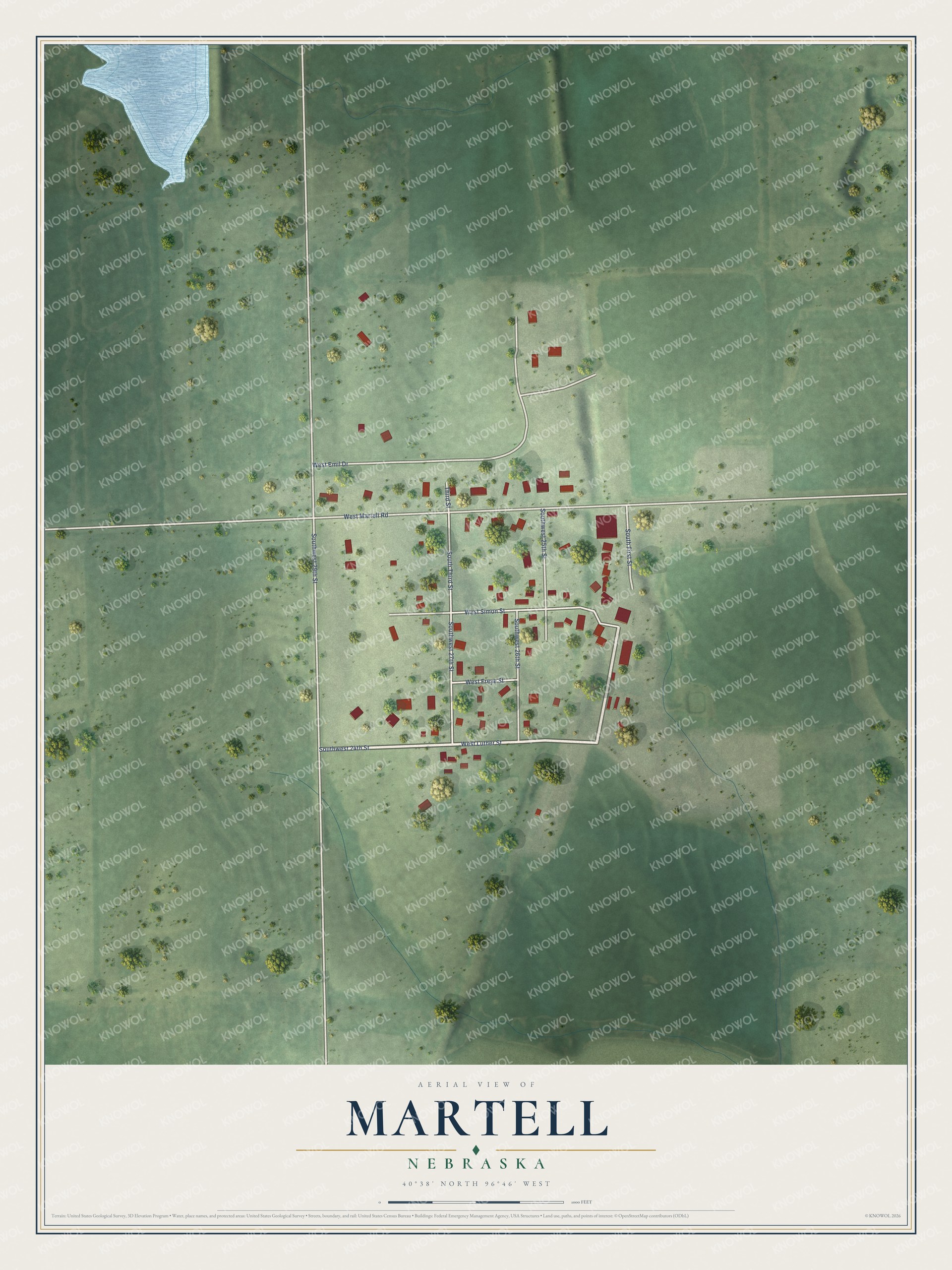 Full map of Martell, Nebraska, with red buildings, printed street names and the land around them