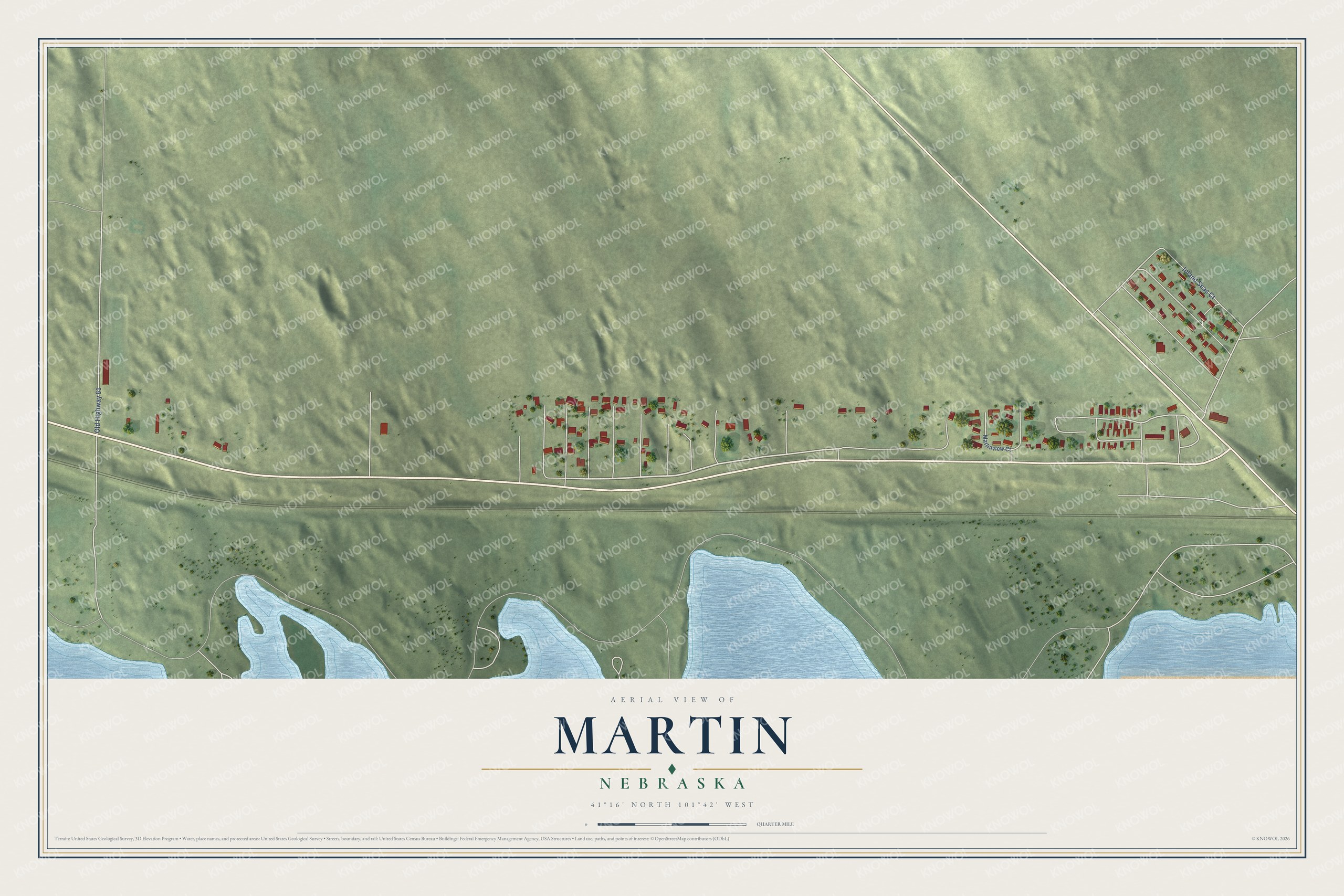 Full map of Martin, Nebraska, with red buildings, printed street names and the land around them