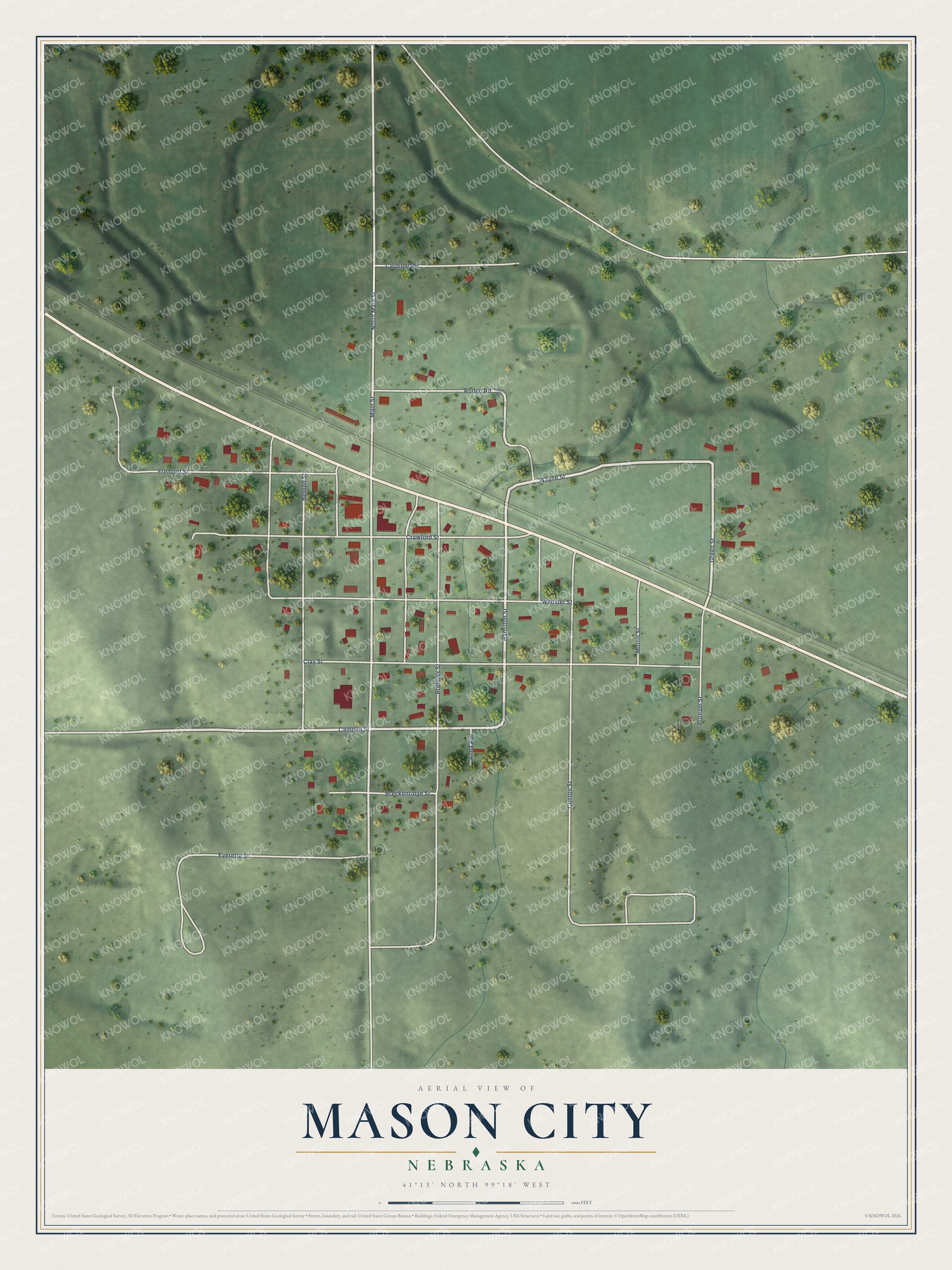 Full map of Mason City, Nebraska, with red buildings, printed street names and the land around them