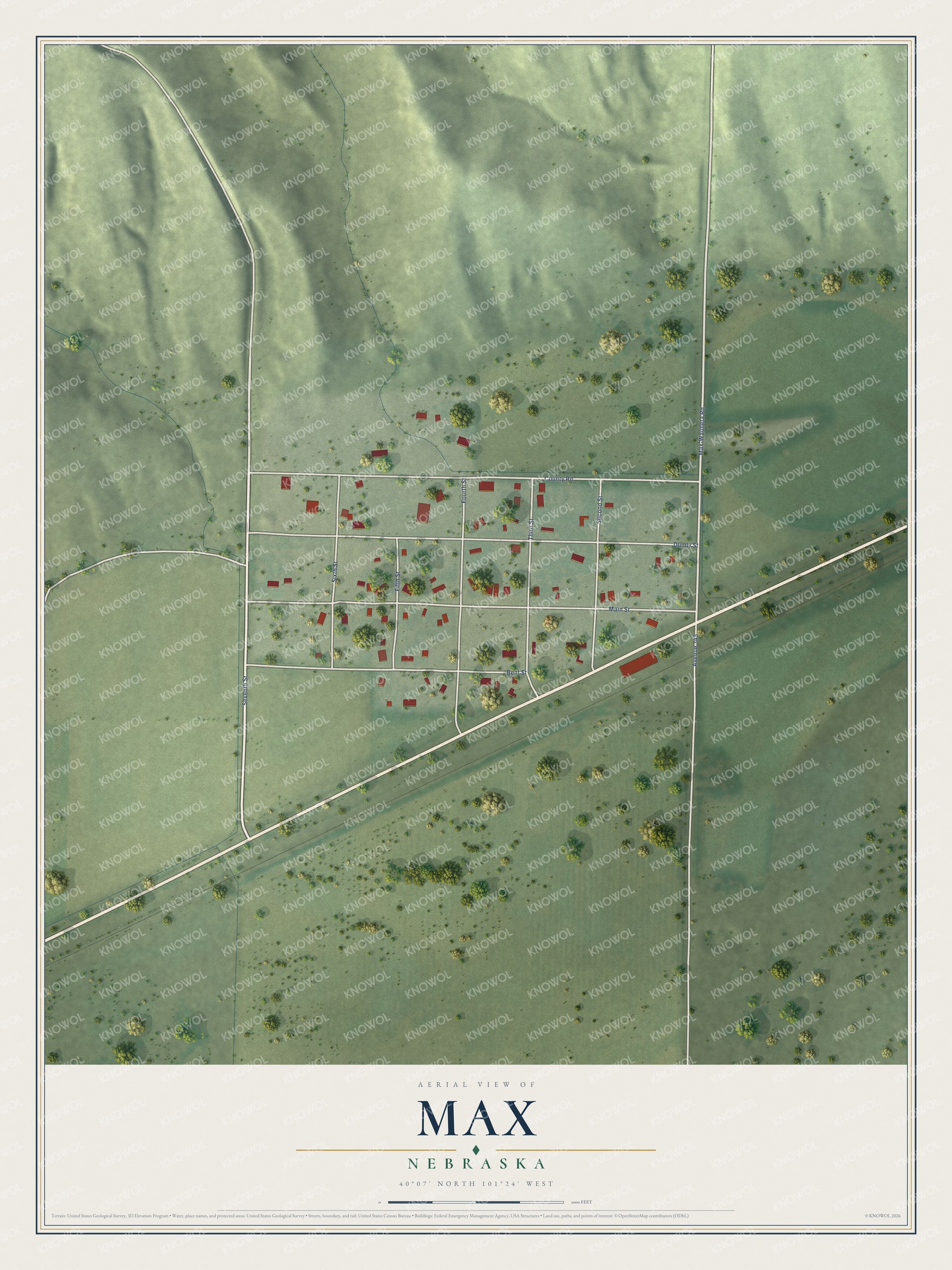 Full map of Max, Nebraska, with red buildings, printed street names and the land around them