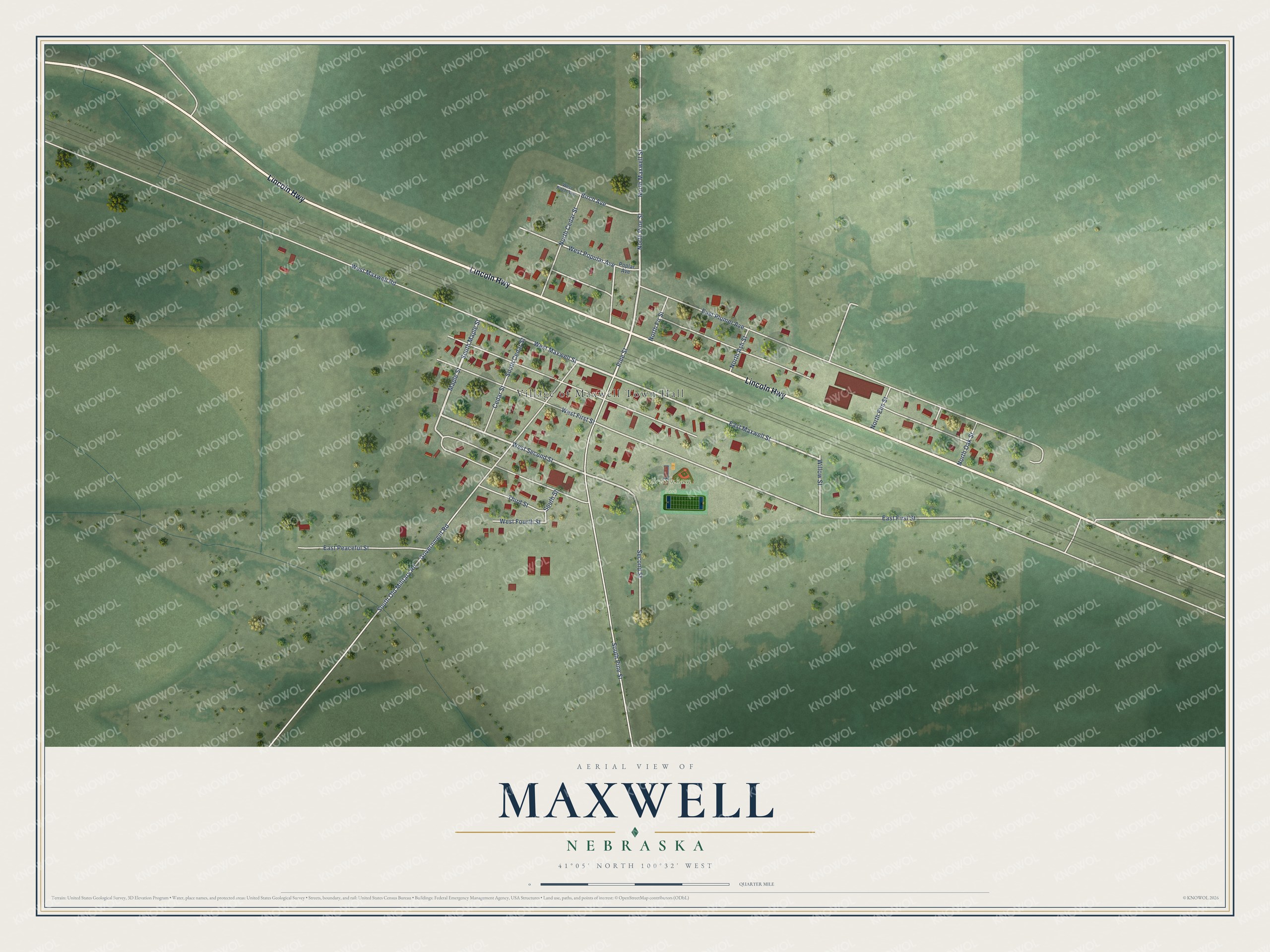 Full map of Maxwell, Nebraska, with red buildings, printed street names and the land around them