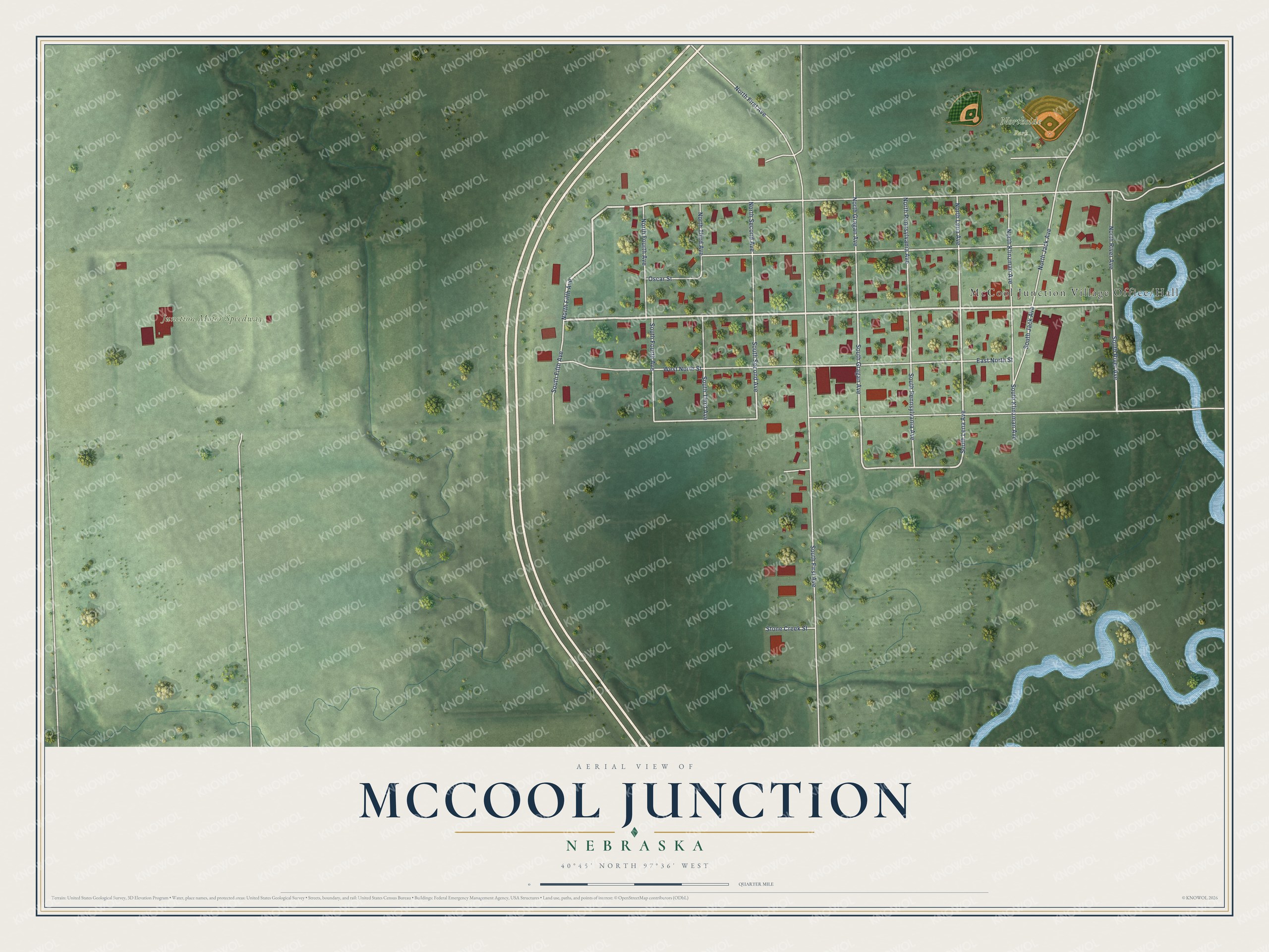 Full map of McCool Junction, Nebraska, with red buildings, printed street names and the land around them
