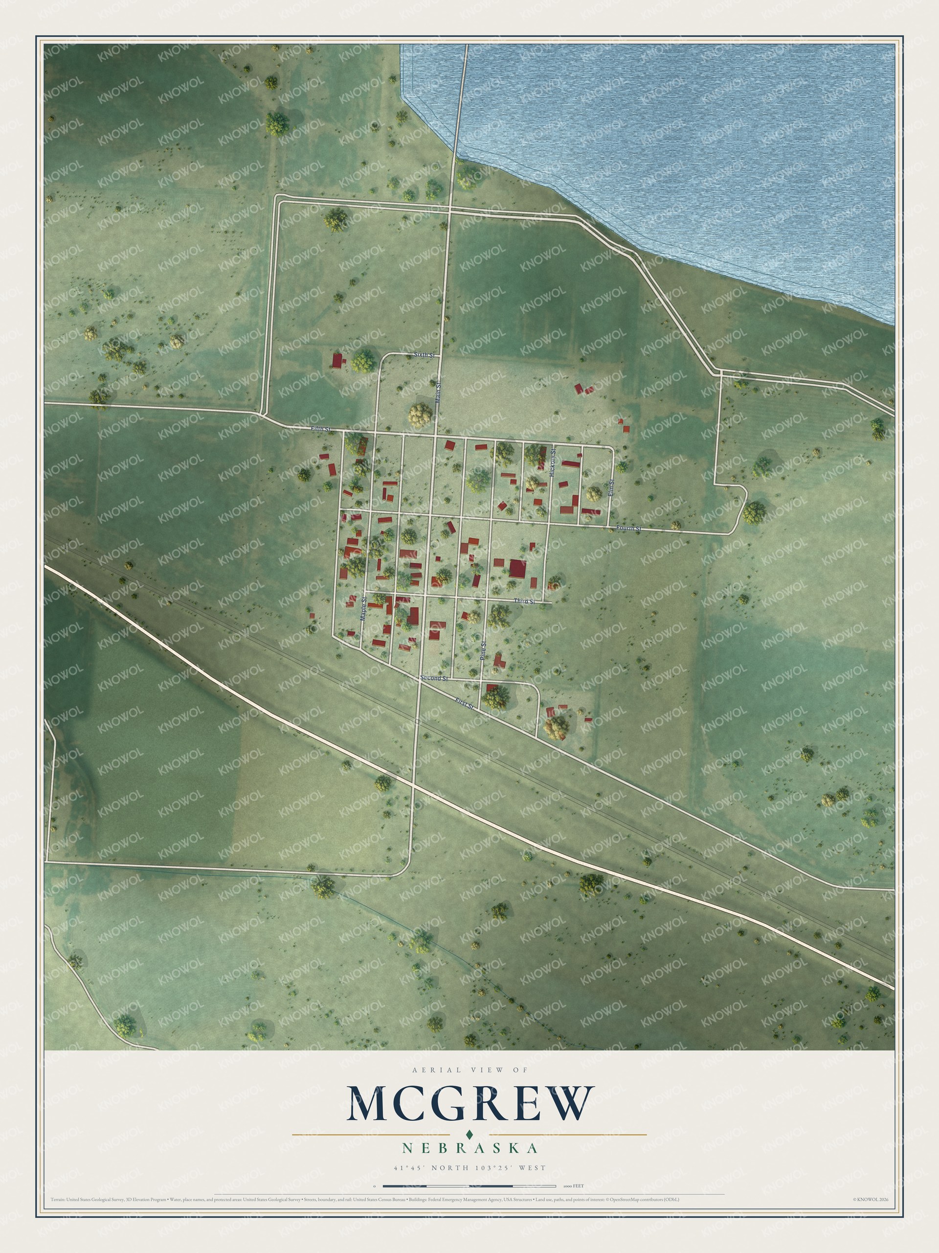 Full map of McGrew, Nebraska, with red buildings, printed street names and the land around them