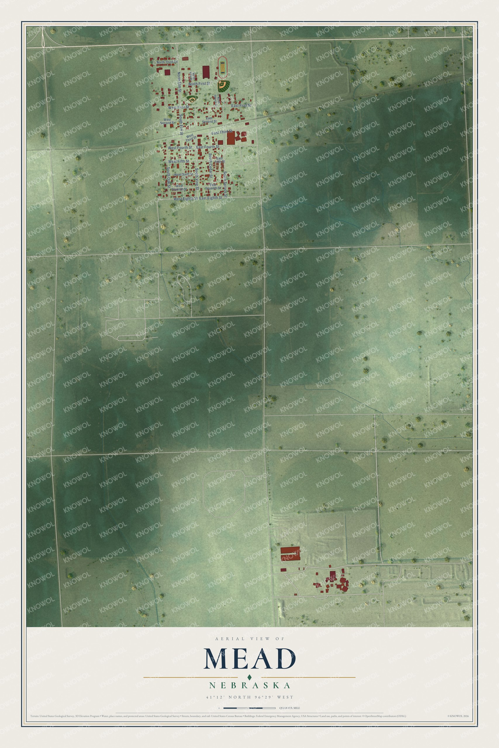 Full map of Mead, Nebraska, with red buildings, printed street names and the land around them