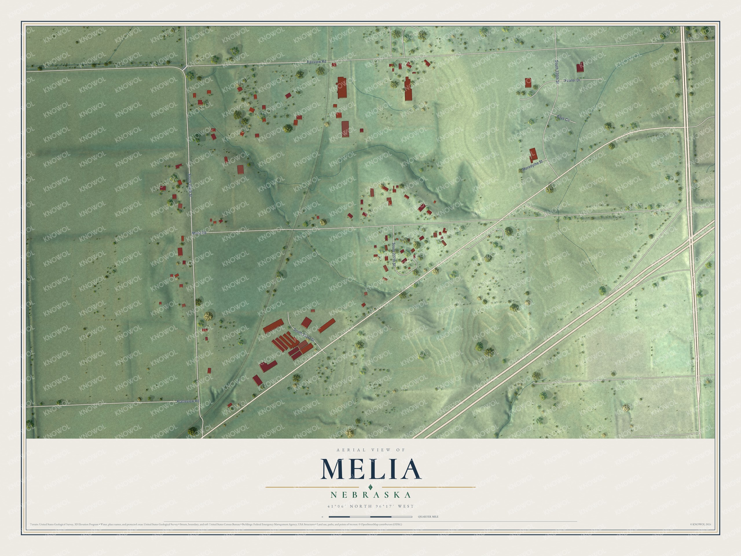 Full map of Melia, Nebraska, with red buildings, printed street names and the land around them