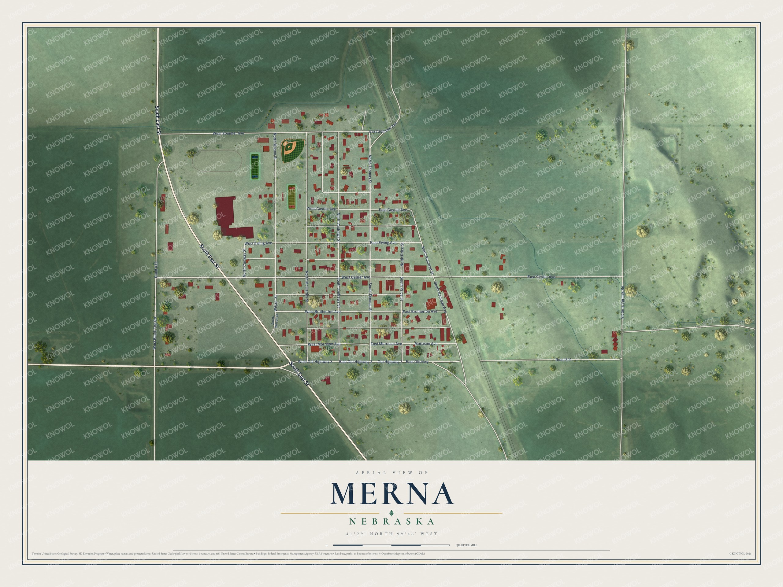 Full map of Merna, Nebraska, with red buildings, printed street names and the land around them