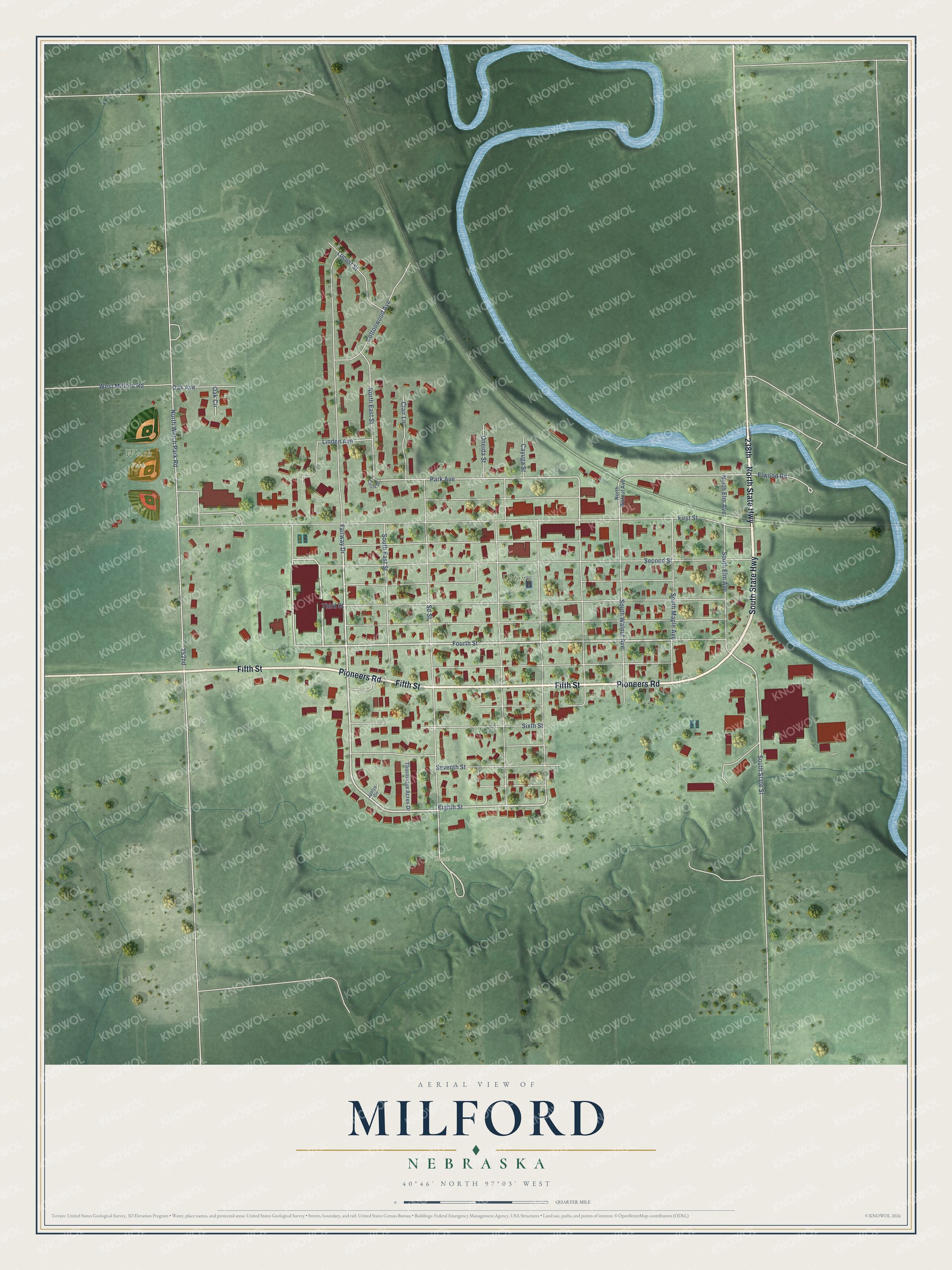 Full map of Milford, Nebraska, with red buildings, printed street names and the land around them