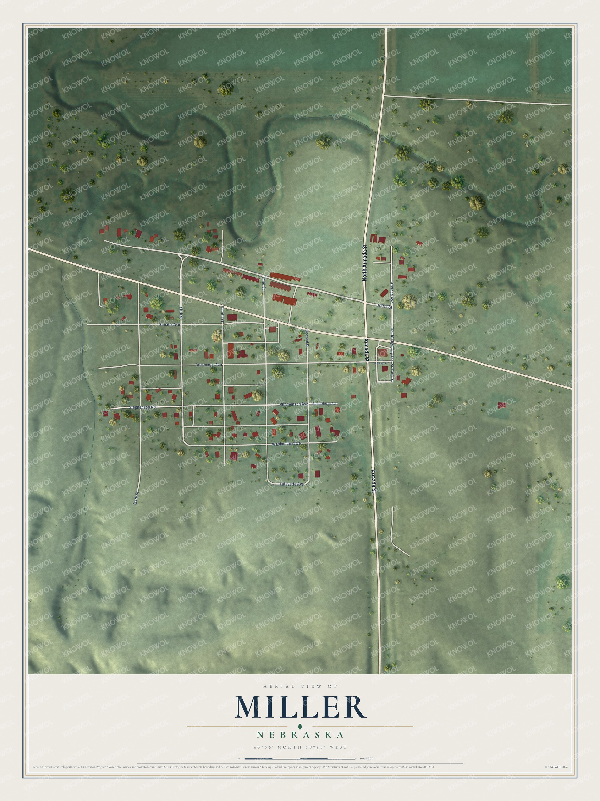 Full map of Miller, Nebraska, with red buildings, printed street names and the land around them