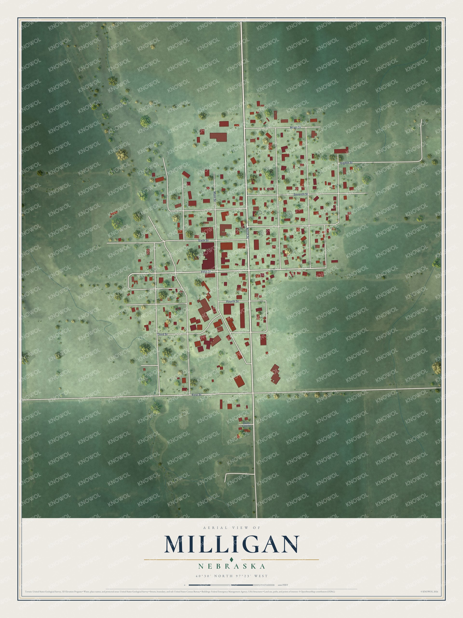 Full map of Milligan, Nebraska, with red buildings, printed street names and the land around them