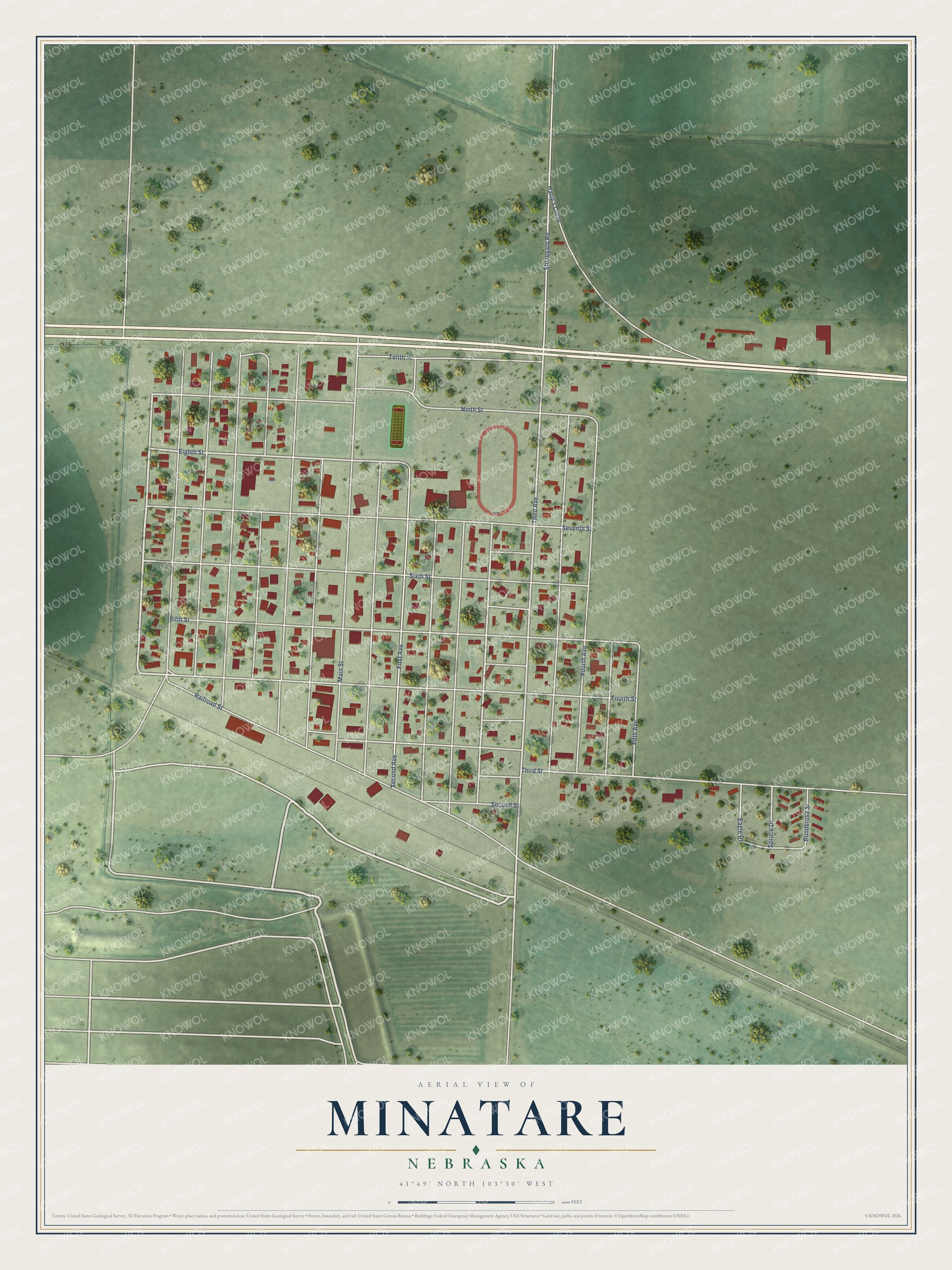 Full map of Minatare, Nebraska, with red buildings, printed street names and the land around them