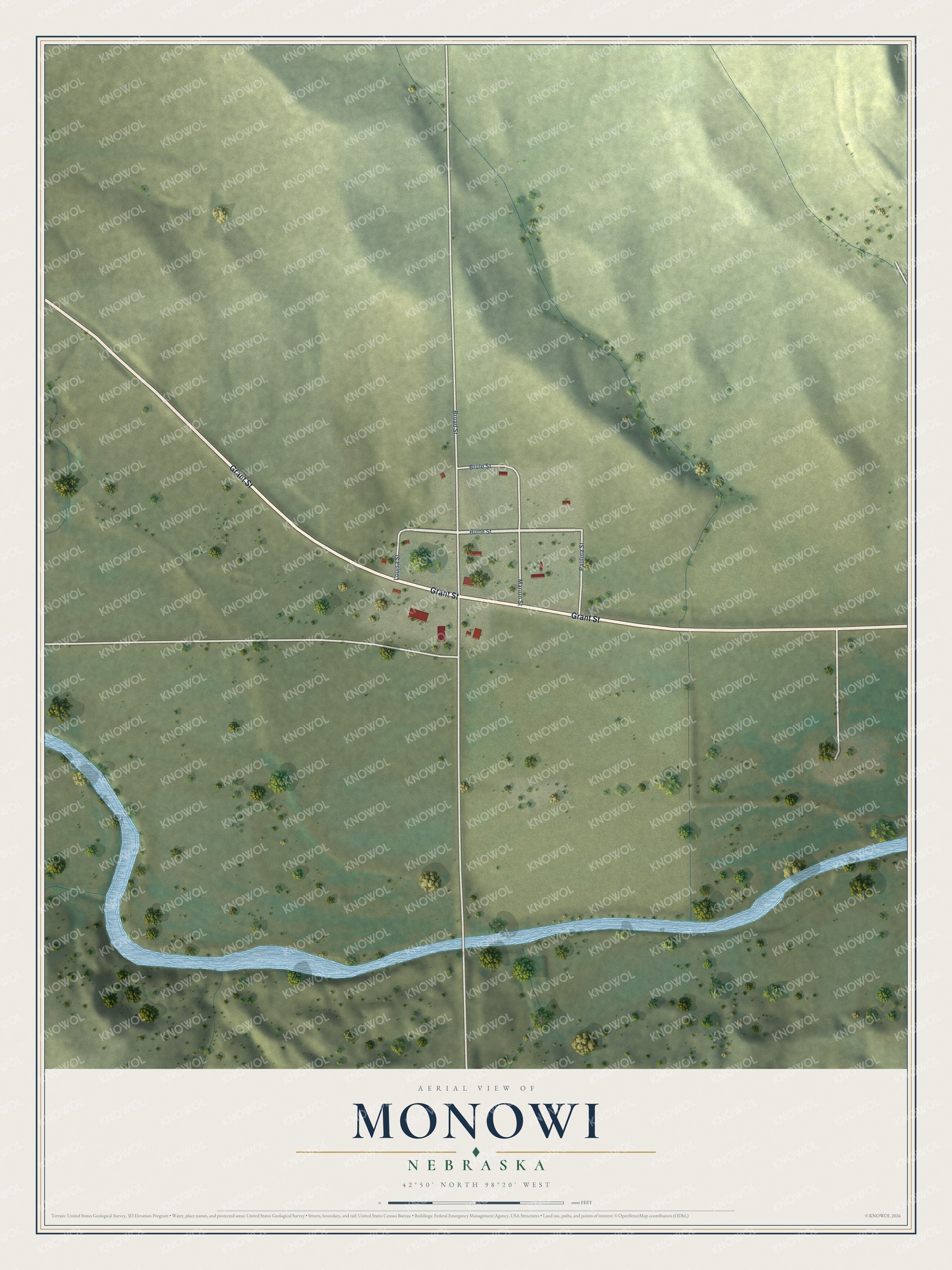 Full map of Monowi, Nebraska, with red buildings, printed street names and the land around them
