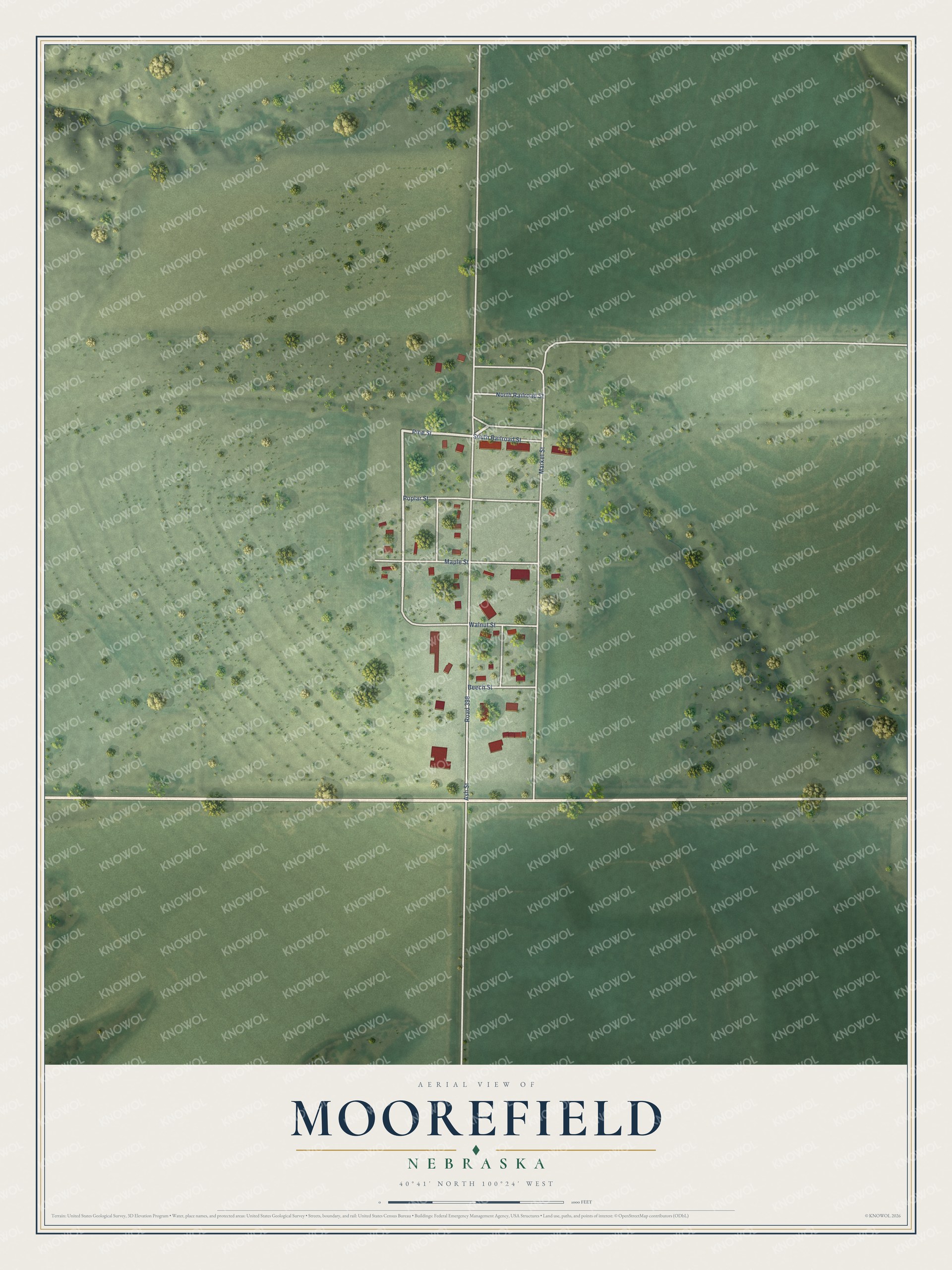 Full map of Moorefield, Nebraska, with red buildings, printed street names and the land around them