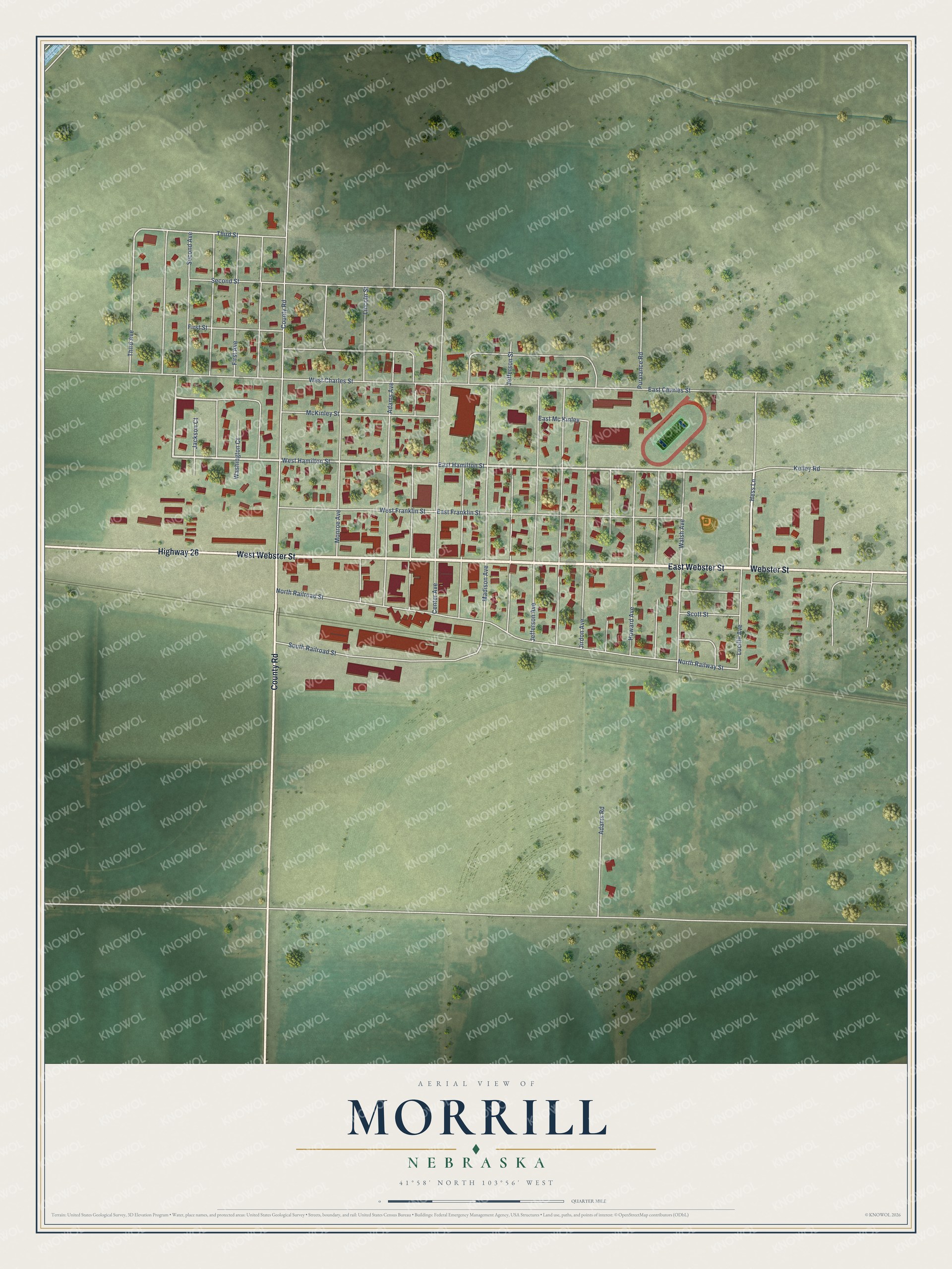 Full map of Morrill, Nebraska, with red buildings, printed street names and the land around them