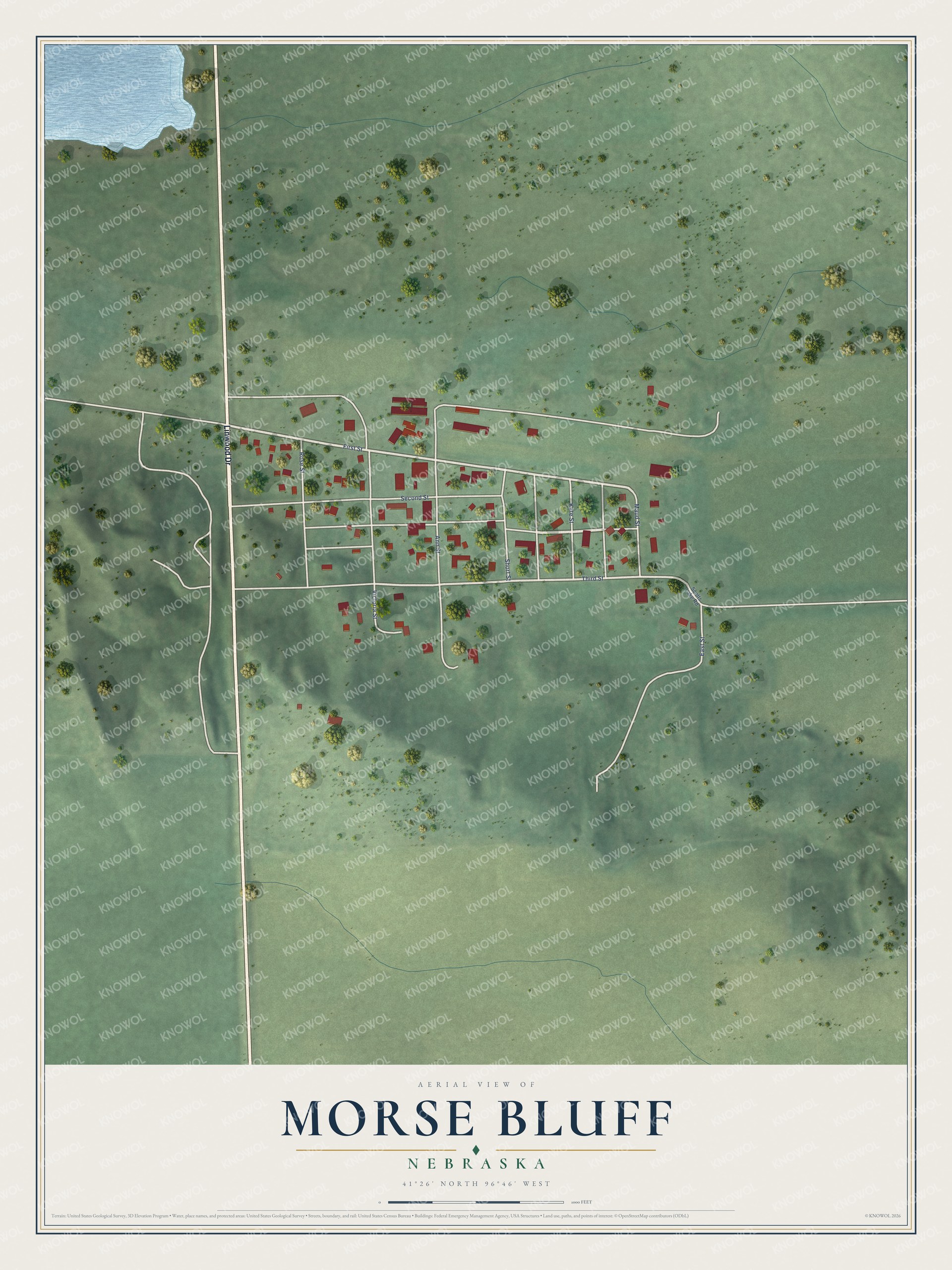 Full map of Morse Bluff, Nebraska, with red buildings, printed street names and the land around them