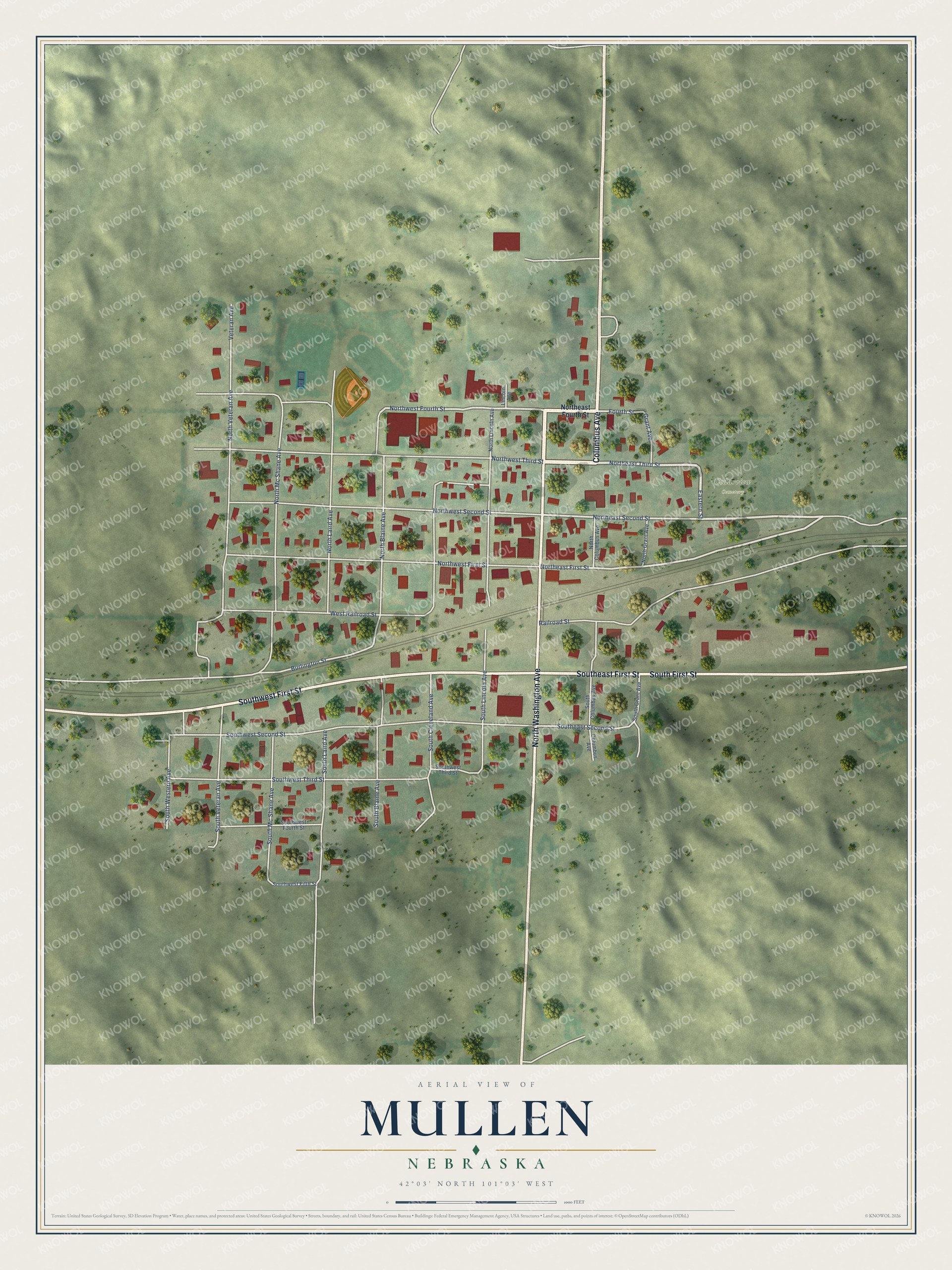 Full map of Mullen, Nebraska, with red buildings, printed street names and the land around them