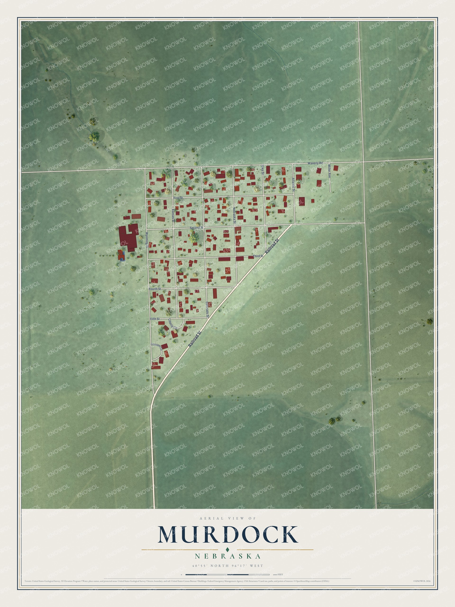 Full map of Murdock, Nebraska, with red buildings, printed street names and the land around them