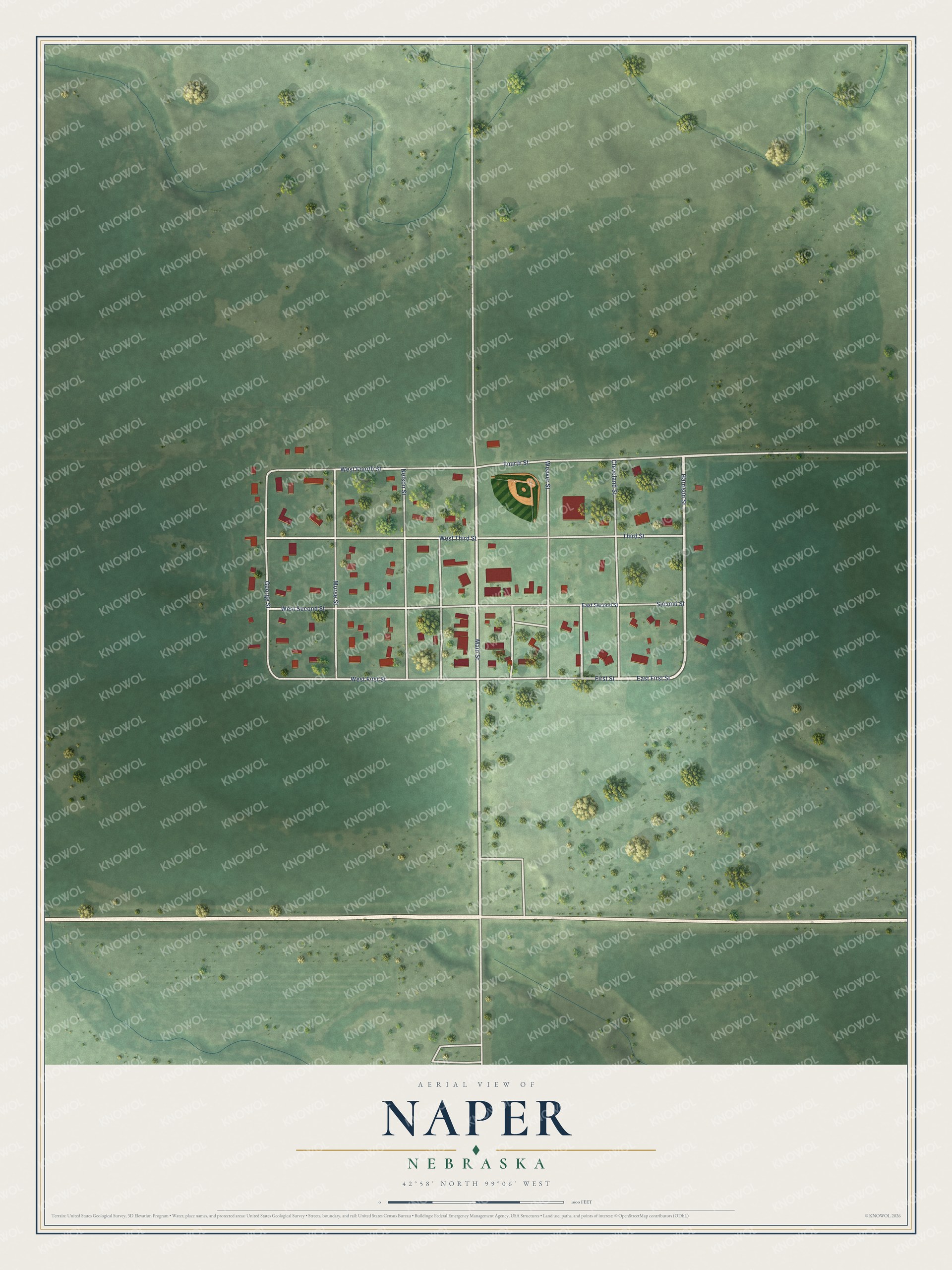 Full map of Naper, Nebraska, with red buildings, printed street names and the land around them