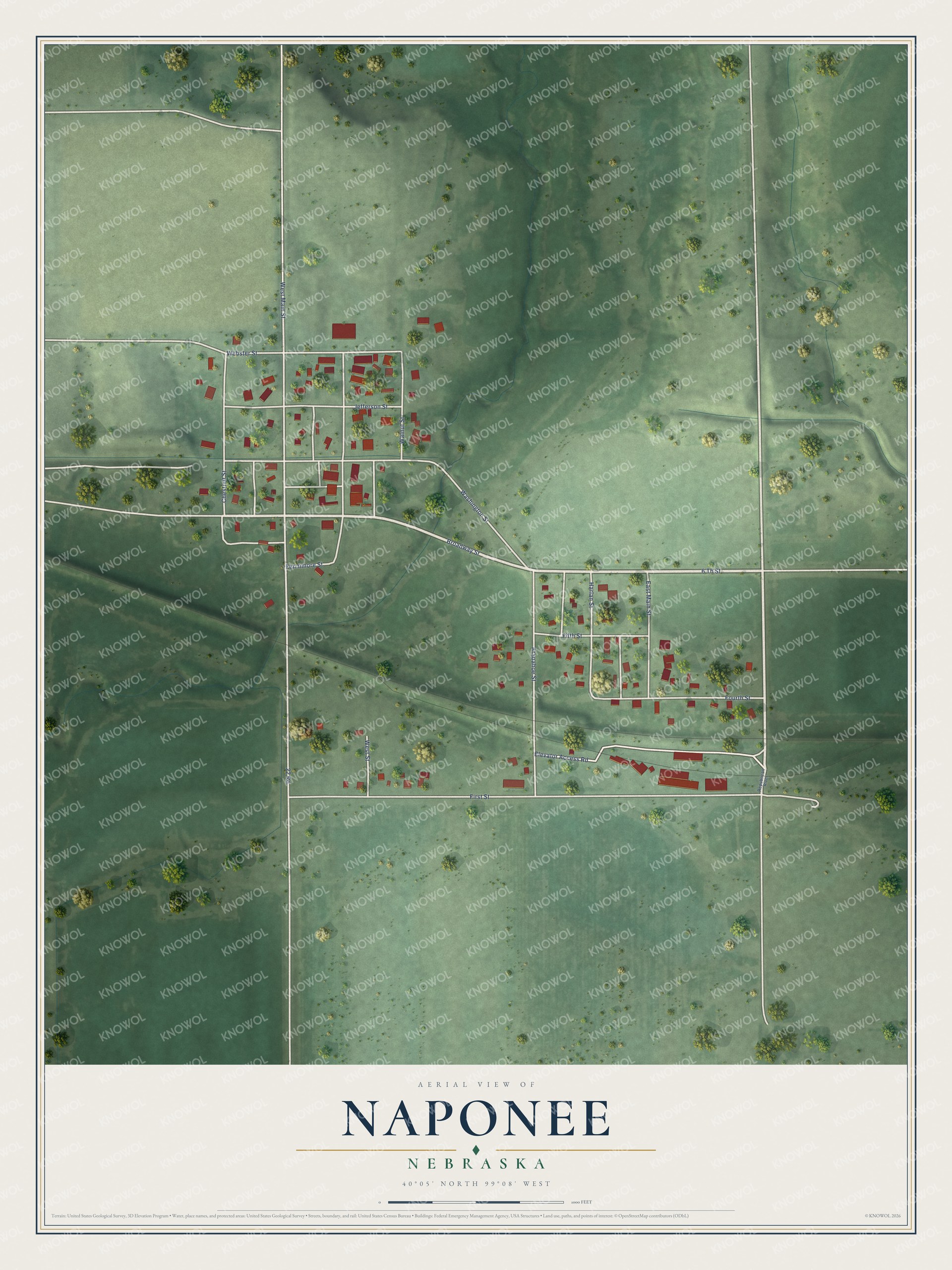 Full map of Naponee, Nebraska, with red buildings, printed street names and the land around them