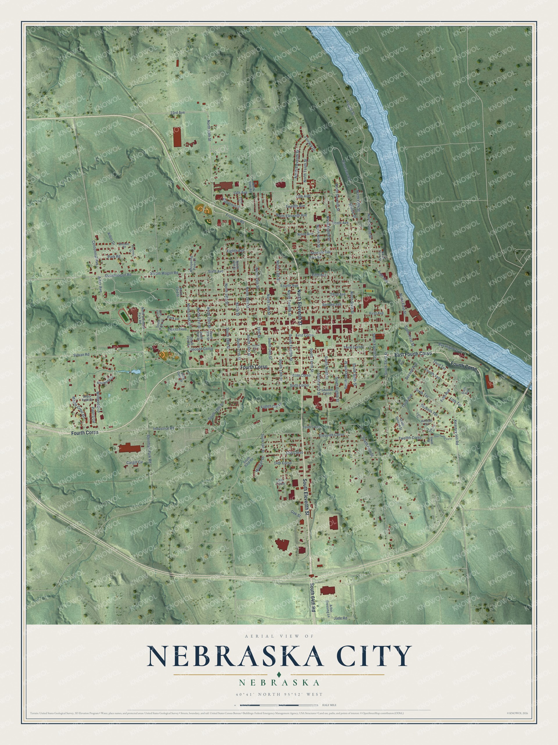 Full map of Nebraska City, Nebraska, with red buildings, printed street names and the land around them