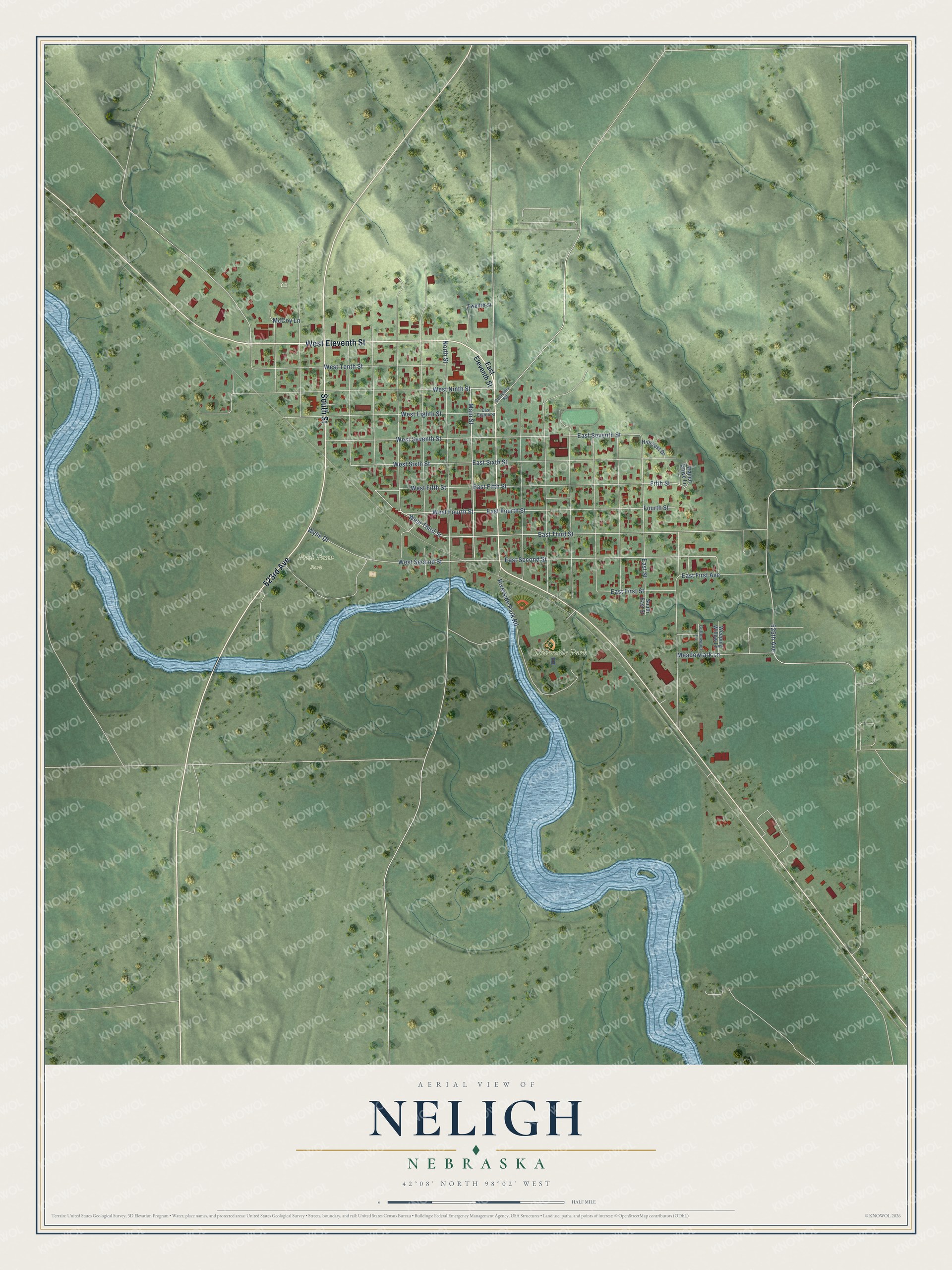 Full map of Neligh, Nebraska, with red buildings, printed street names and the land around them