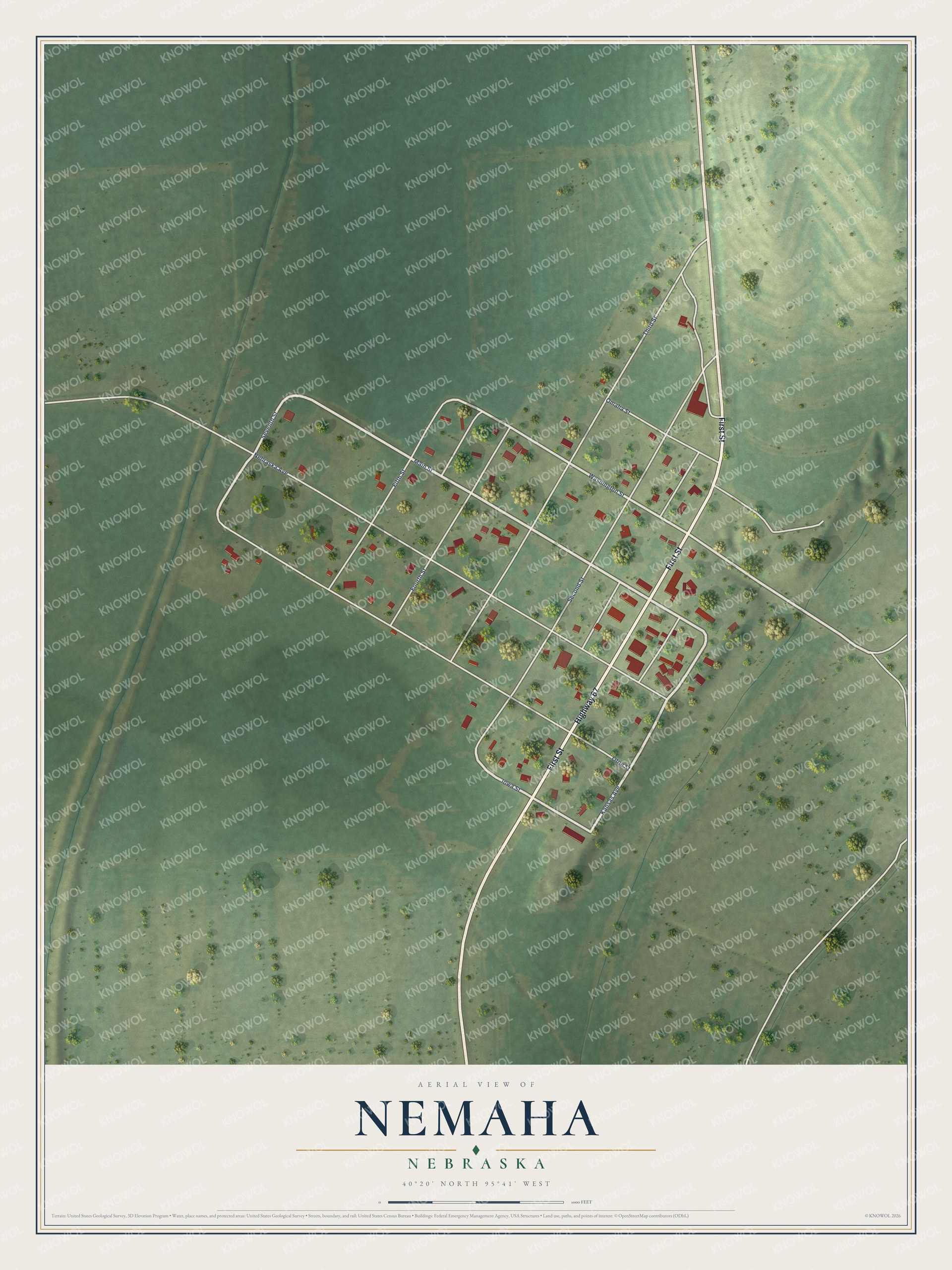 Full map of Nemaha, Nebraska, with red buildings, printed street names and the land around them