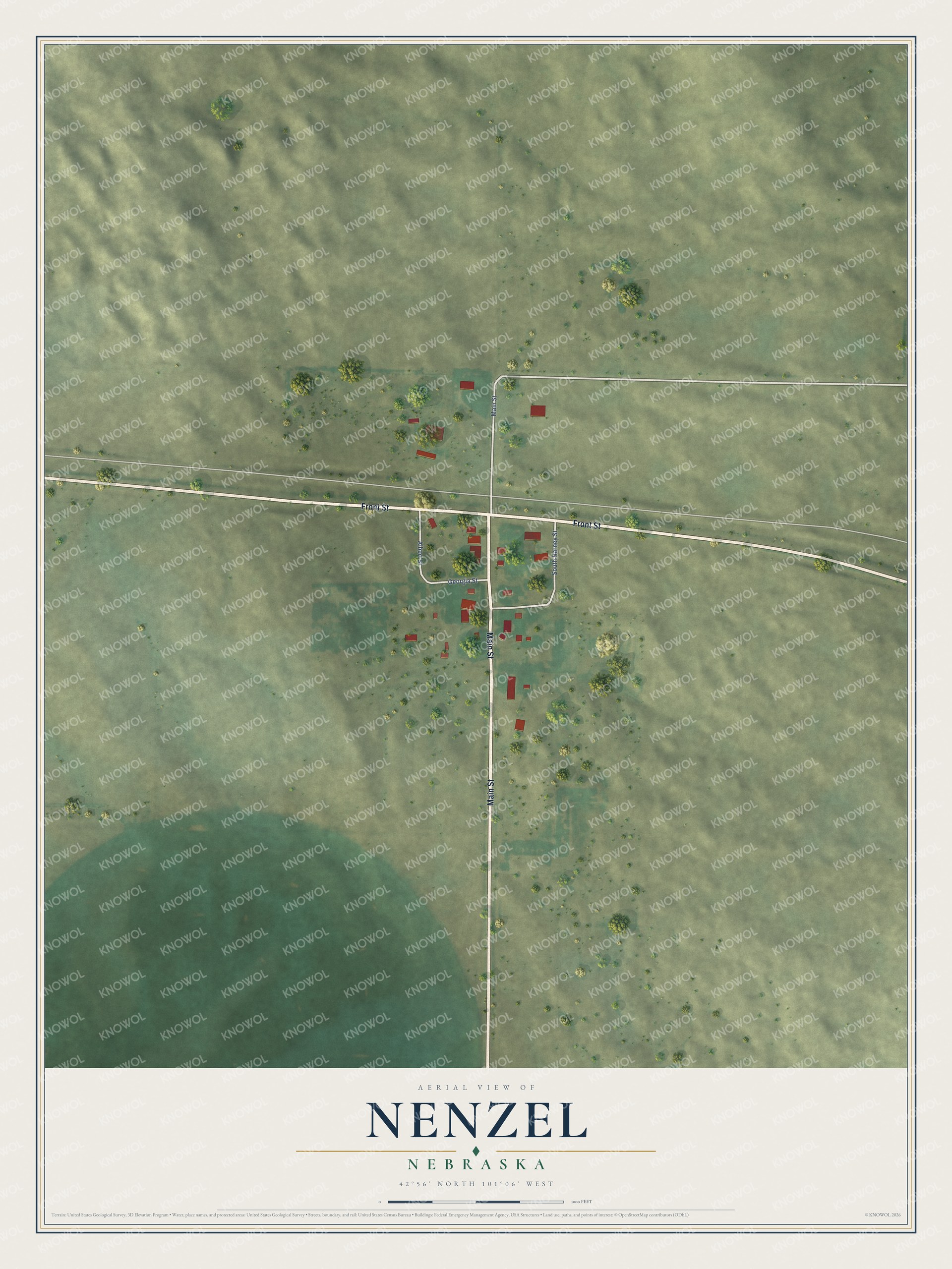 Full map of Nenzel, Nebraska, with red buildings, printed street names and the land around them