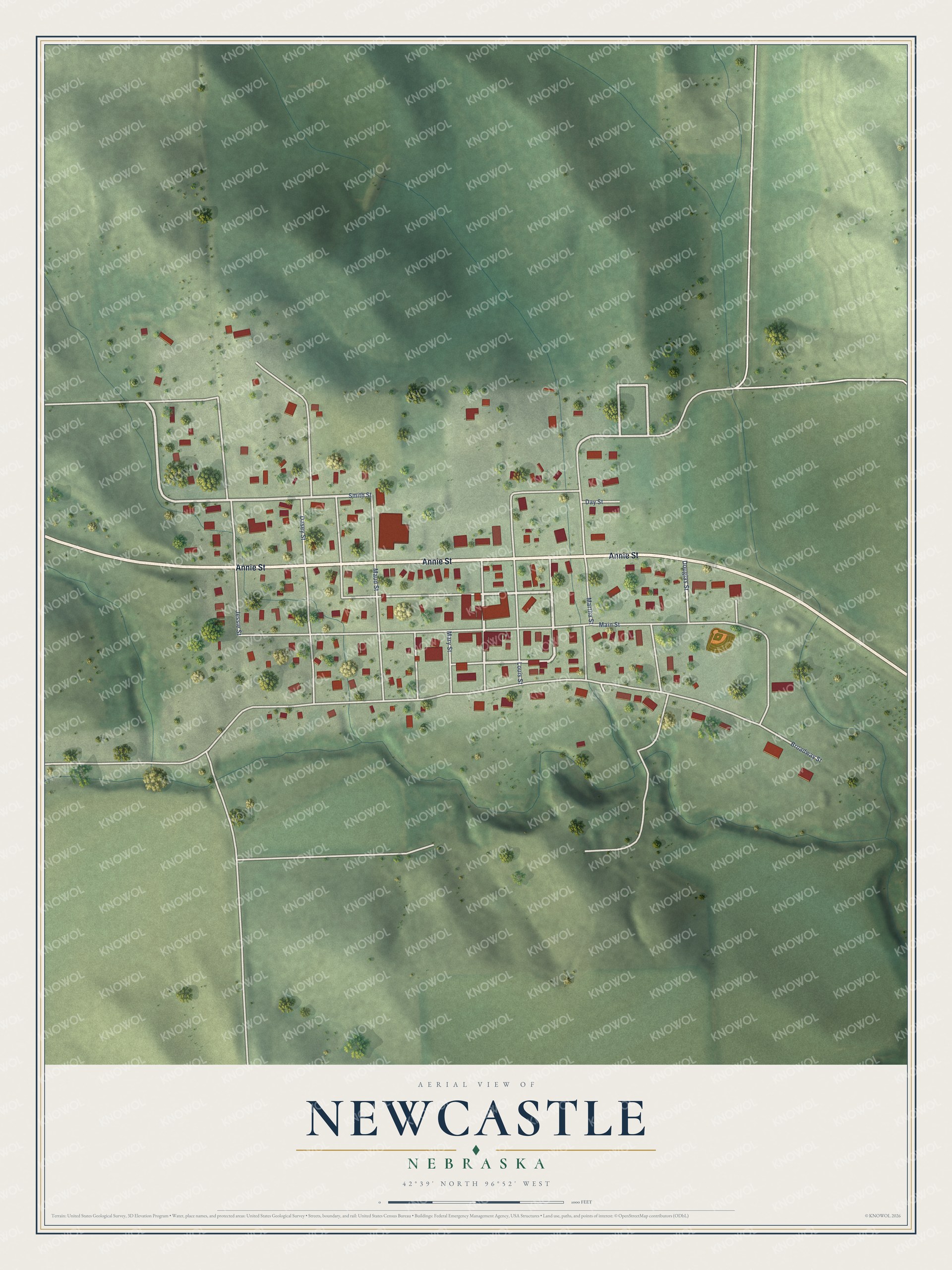 Full map of Newcastle, Nebraska, with red buildings, printed street names and the land around them