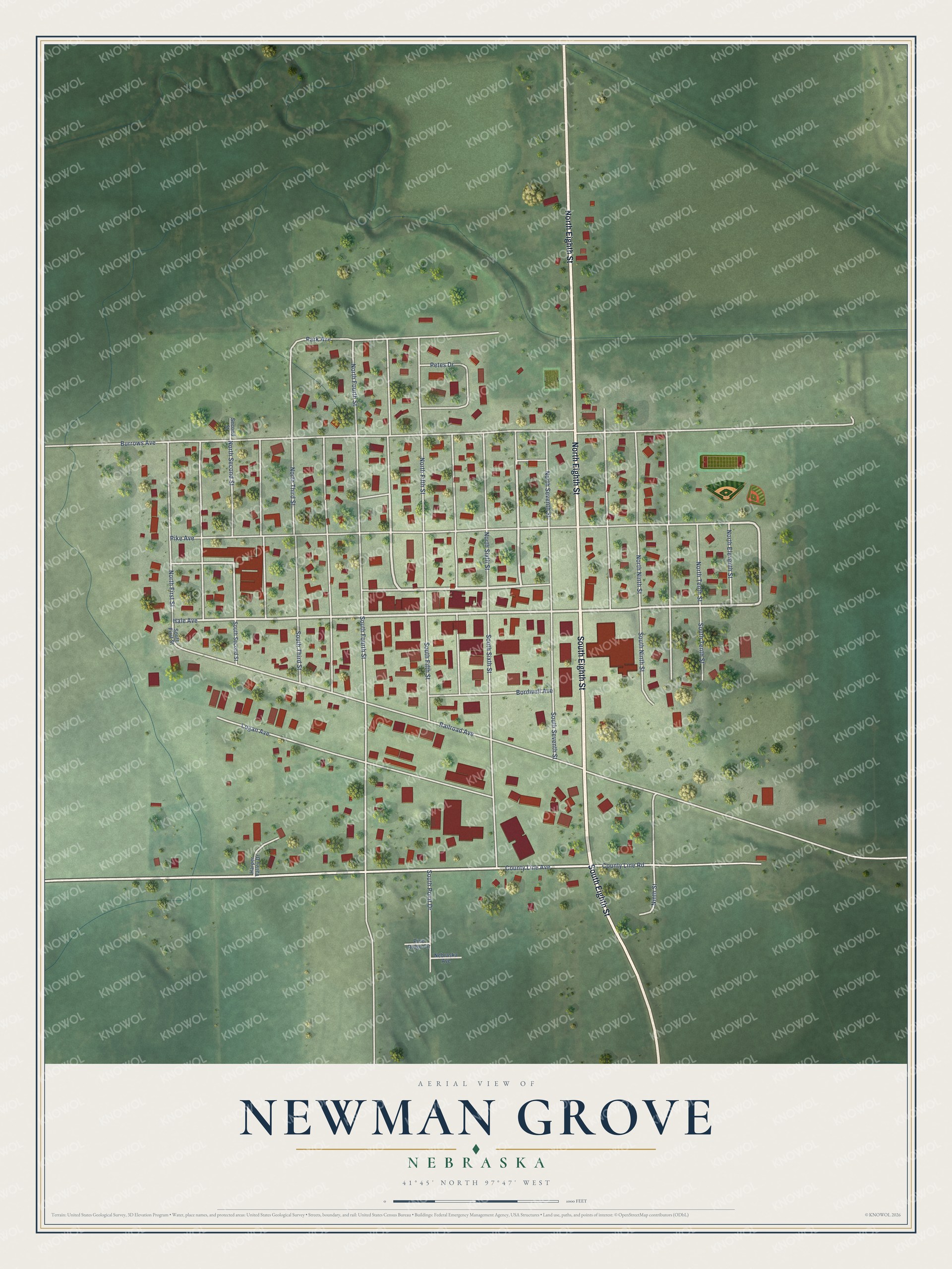 Full map of Newman Grove, Nebraska, with red buildings, printed street names and the land around them