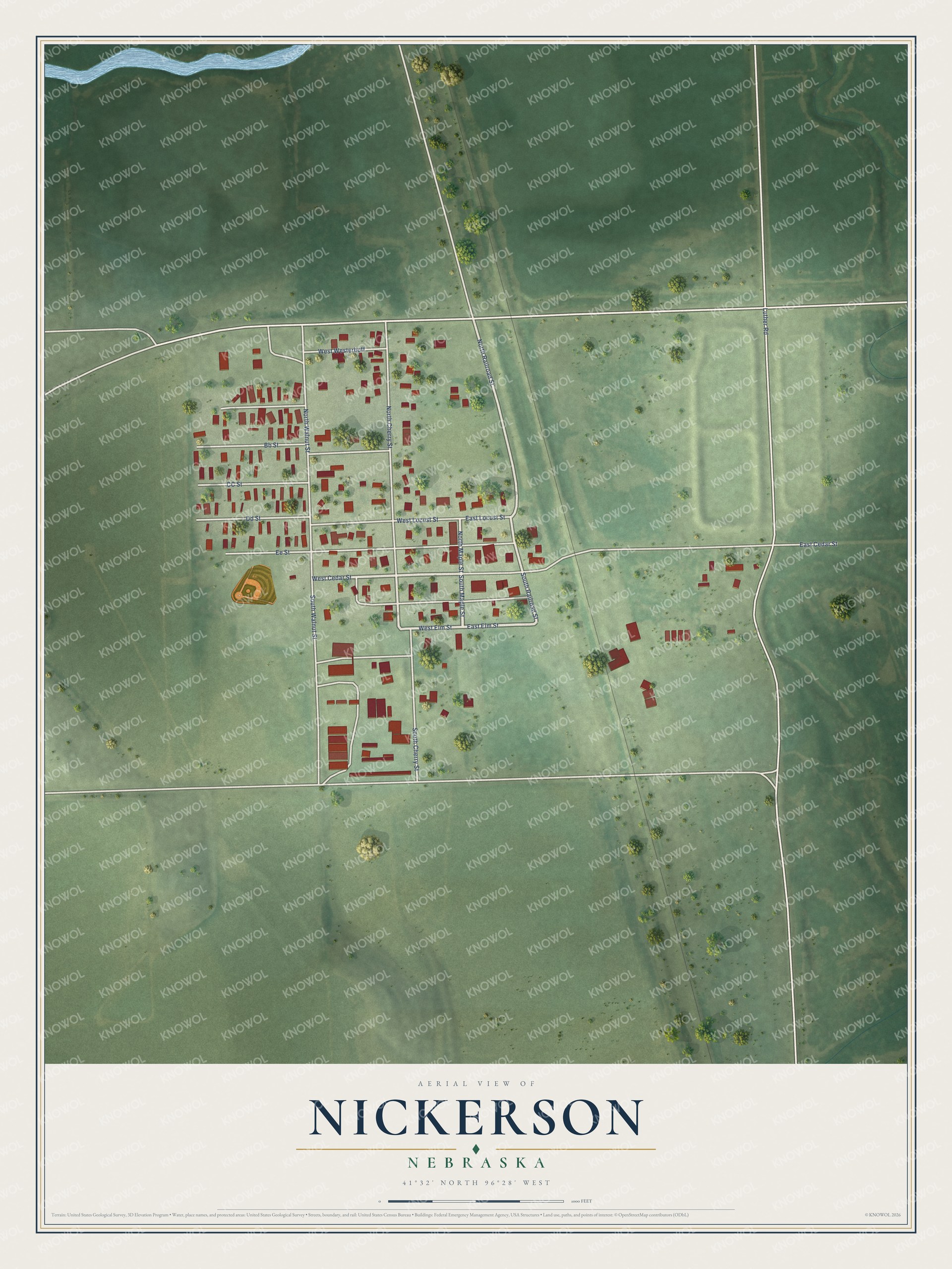 Full map of Nickerson, Nebraska, with red buildings, printed street names and the land around them