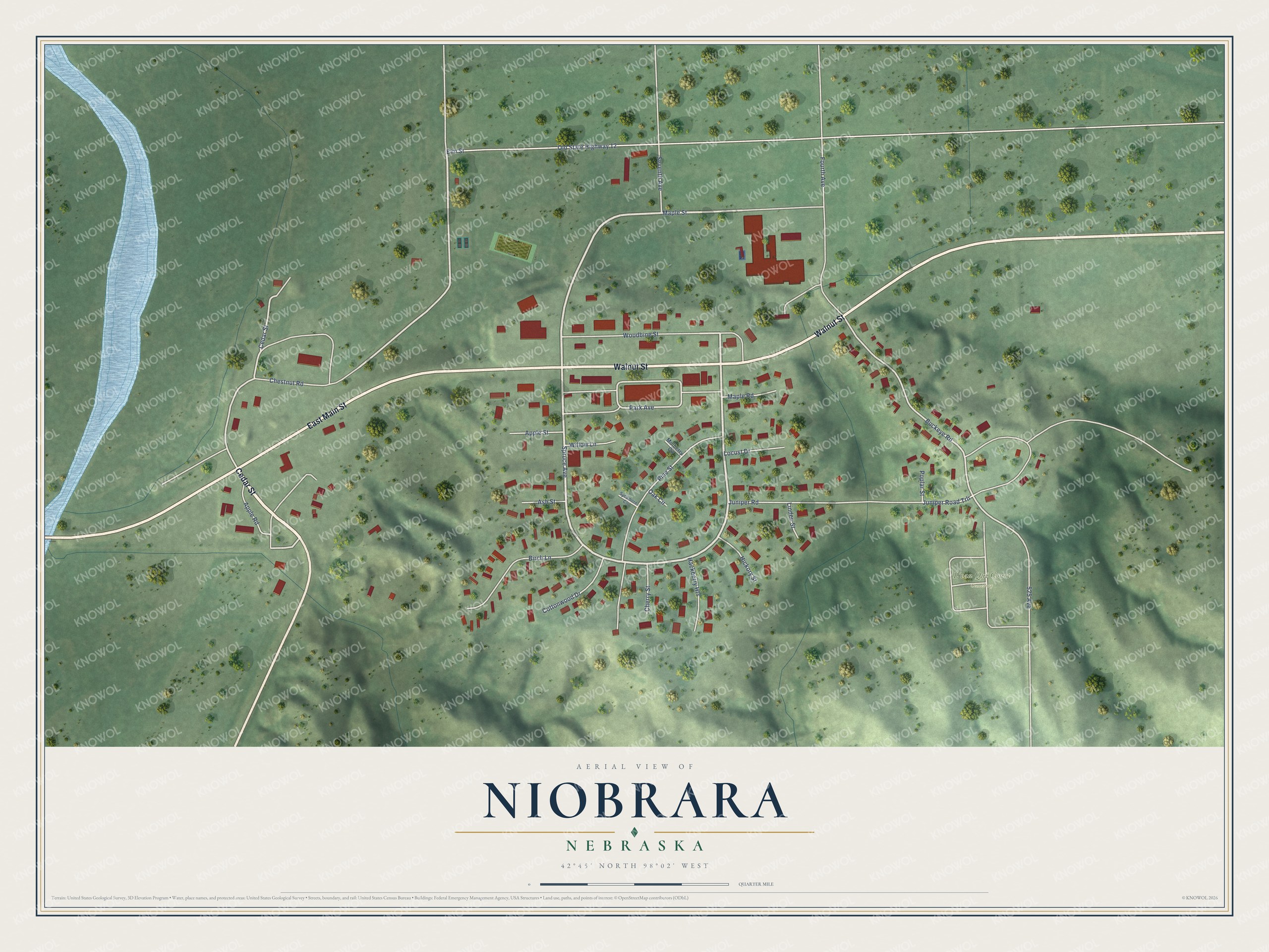 Full map of Niobrara, Nebraska, with red buildings, printed street names and the land around them