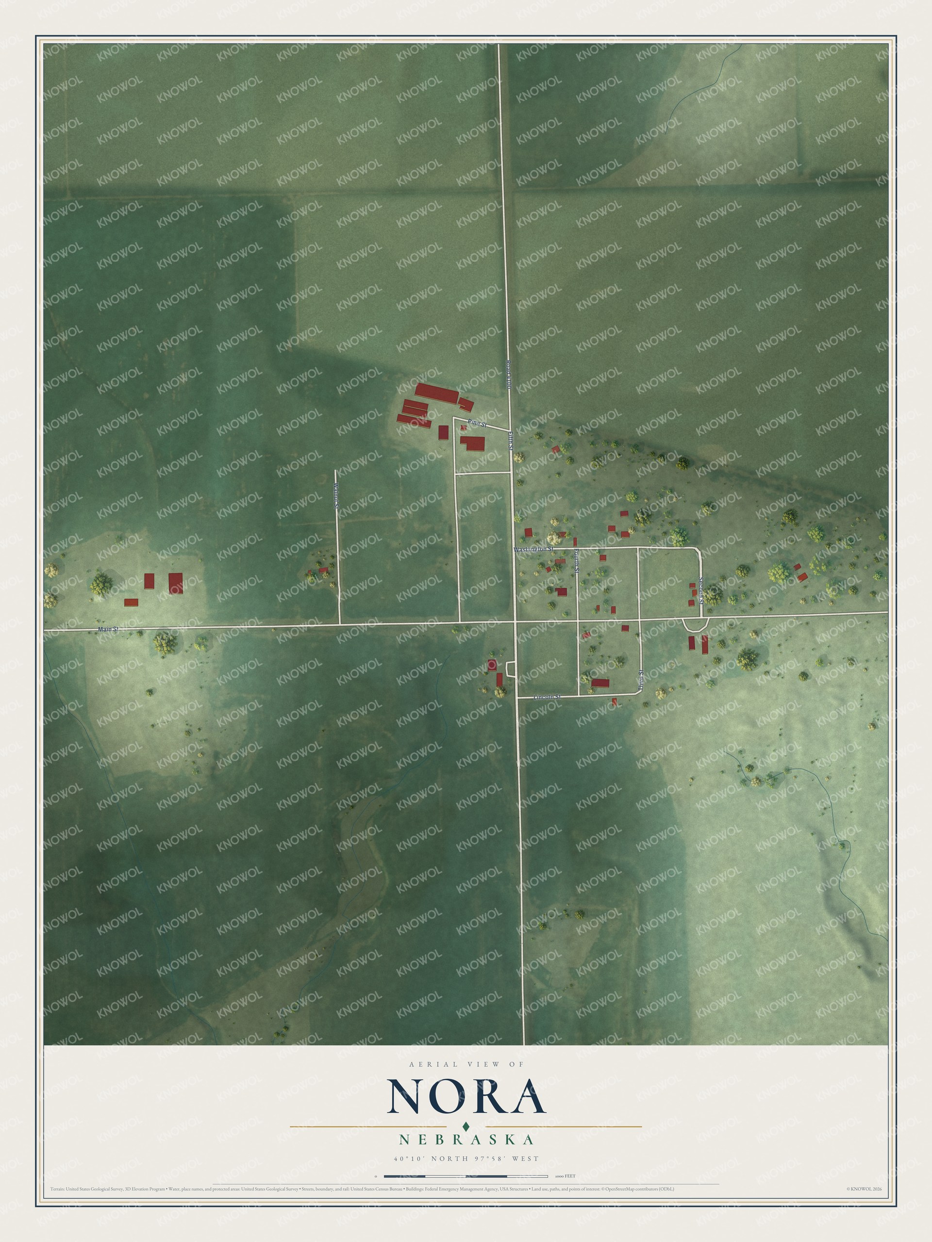 Full map of Nora, Nebraska, with red buildings, printed street names and the land around them