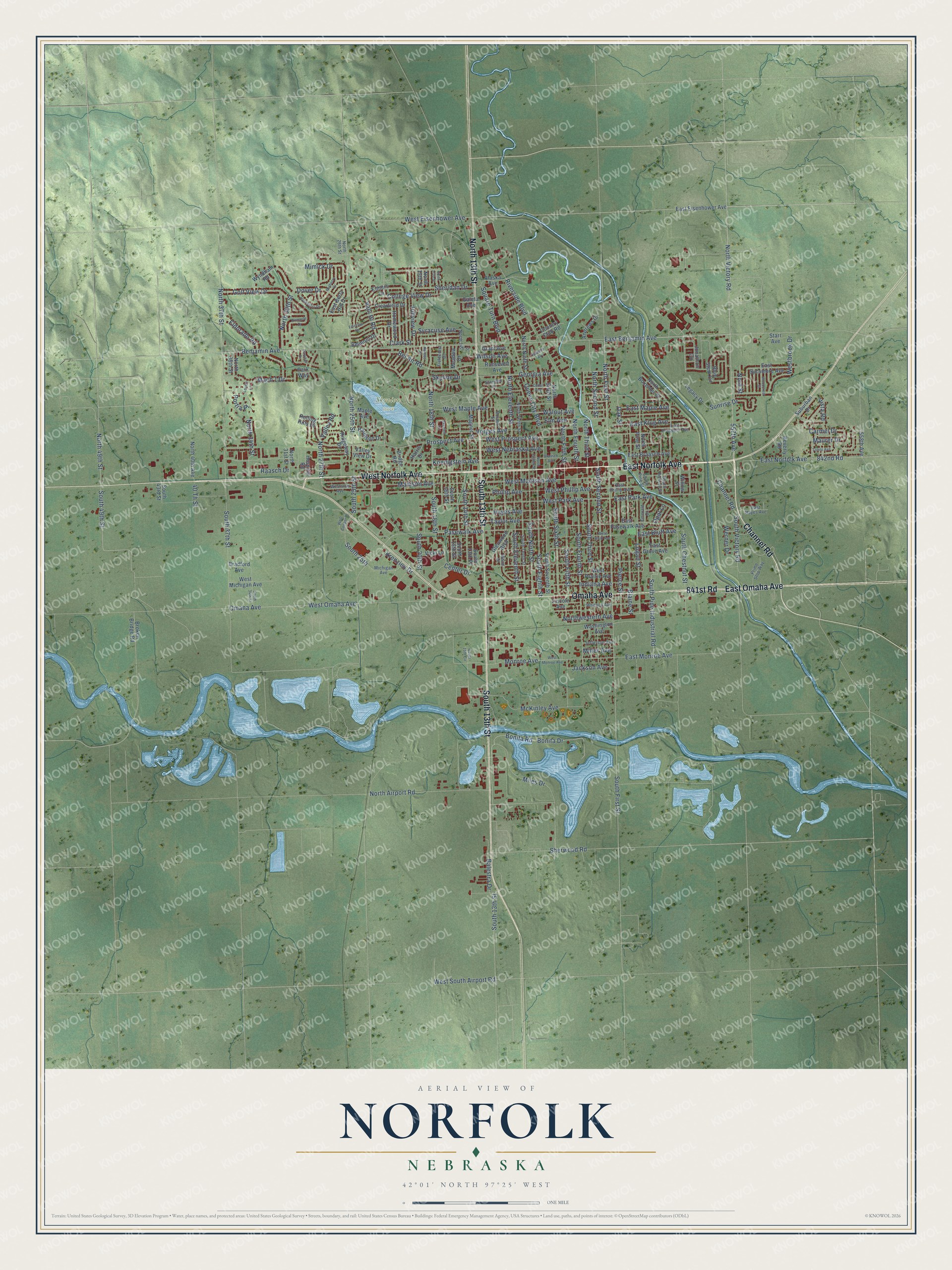 Full map of Norfolk, Nebraska, with red buildings, printed street names and the land around them