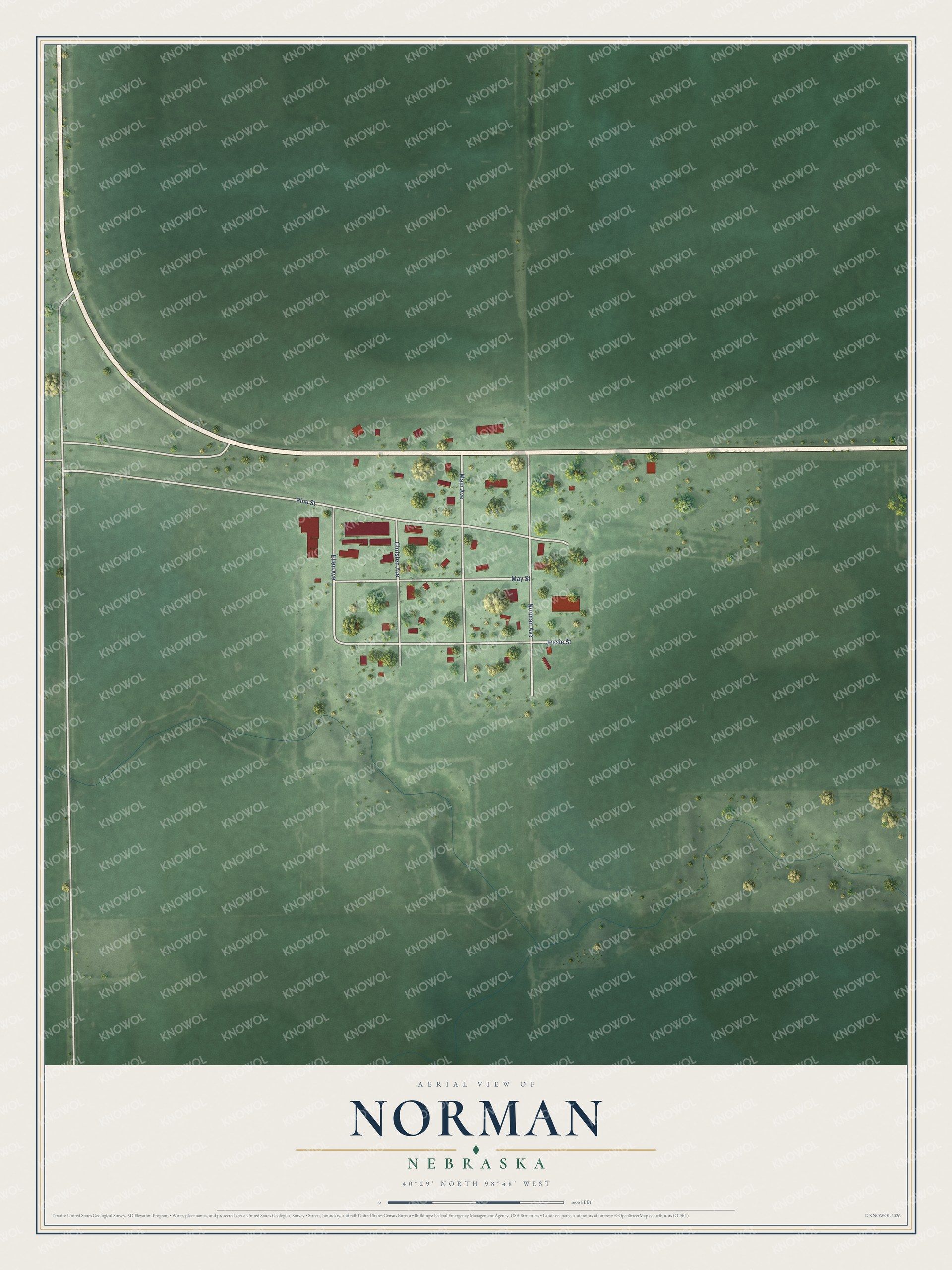 Full map of Norman, Nebraska, with red buildings, printed street names and the land around them