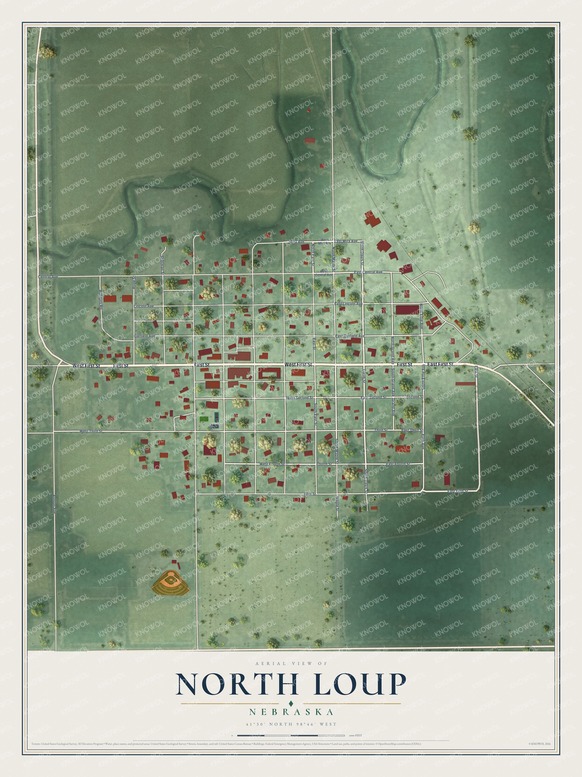 Full map of North Loup, Nebraska, with red buildings, printed street names and the land around them